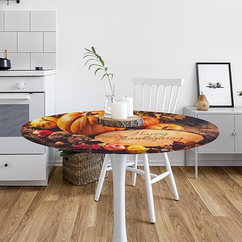 Miniatura 7 de Mantel redondo de calabazas de otoño con borde elástico, mantel ajustable de Acción de Gracias, mantel redondo lavable para uso en interiores y