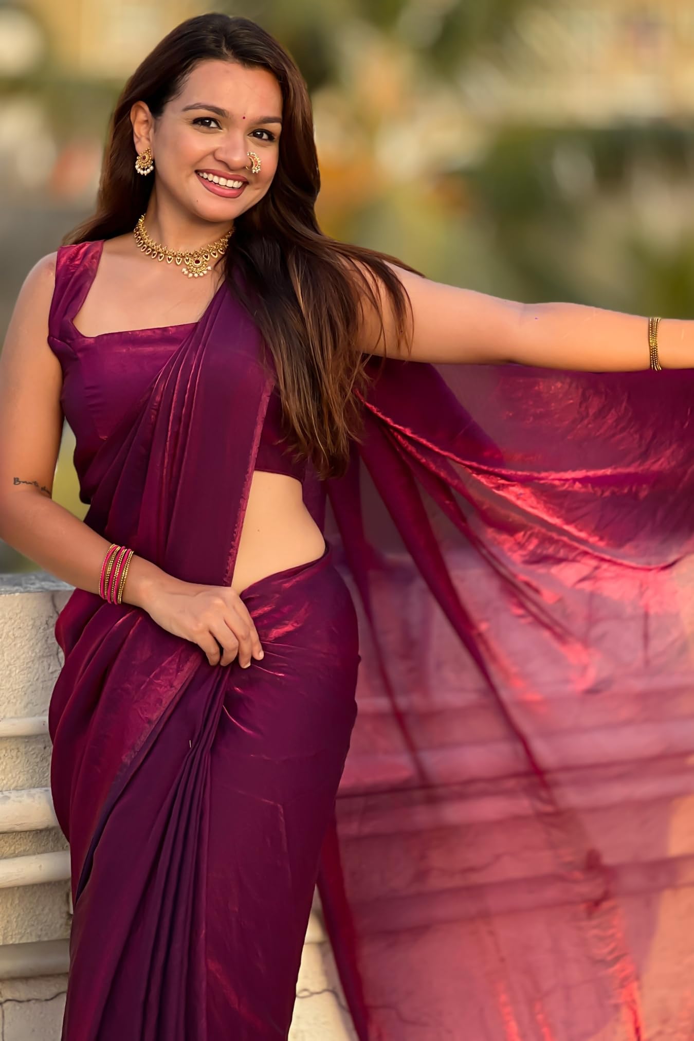 SGF11 Women's Shimmer Satin Tissue Saree Golden Tassels With Unstitched Blouse Piece product image 6