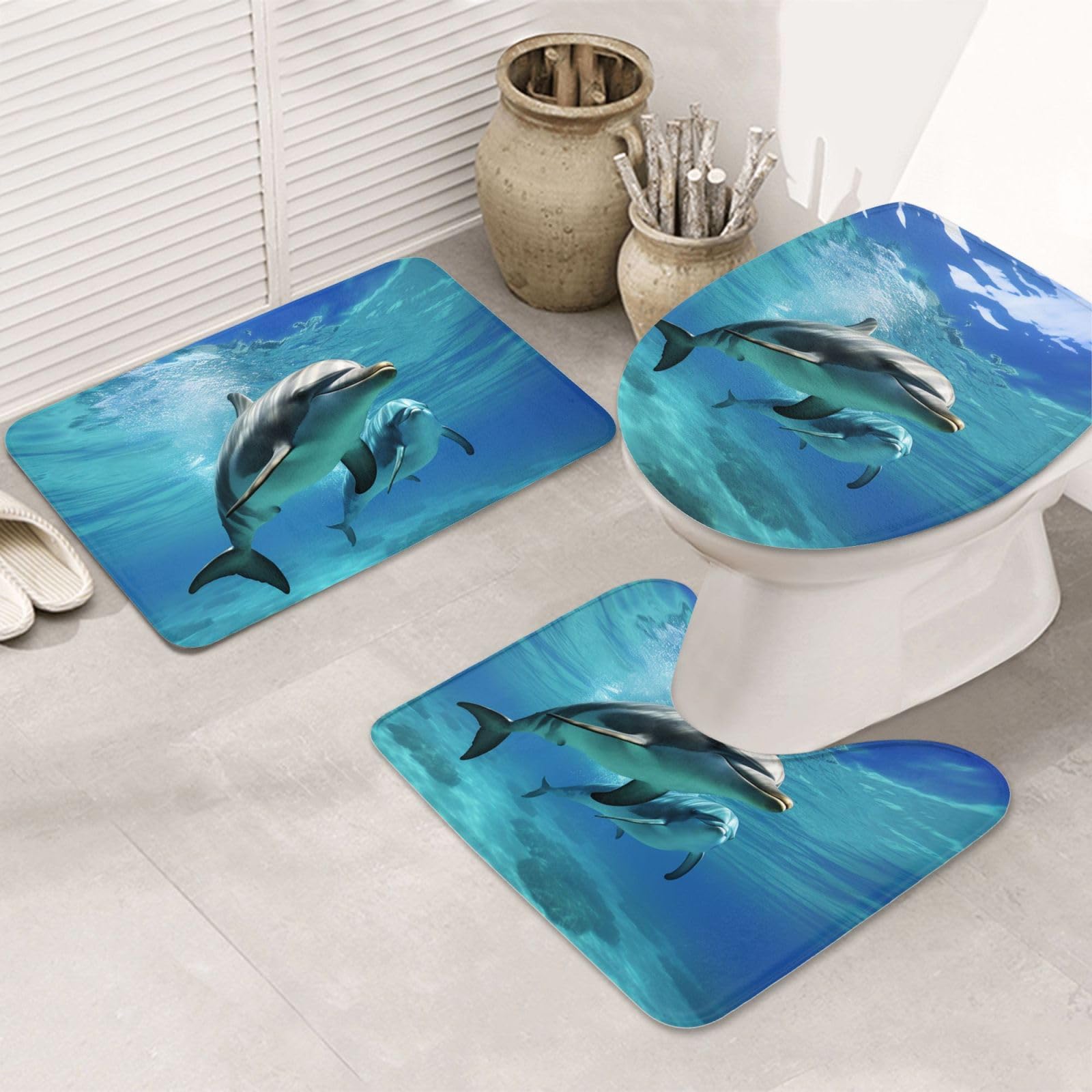 Set di 3 tappetini da bagno con delfino marino, in flanella, morbida, antiscivolo, con coperchio, per decorare la casa