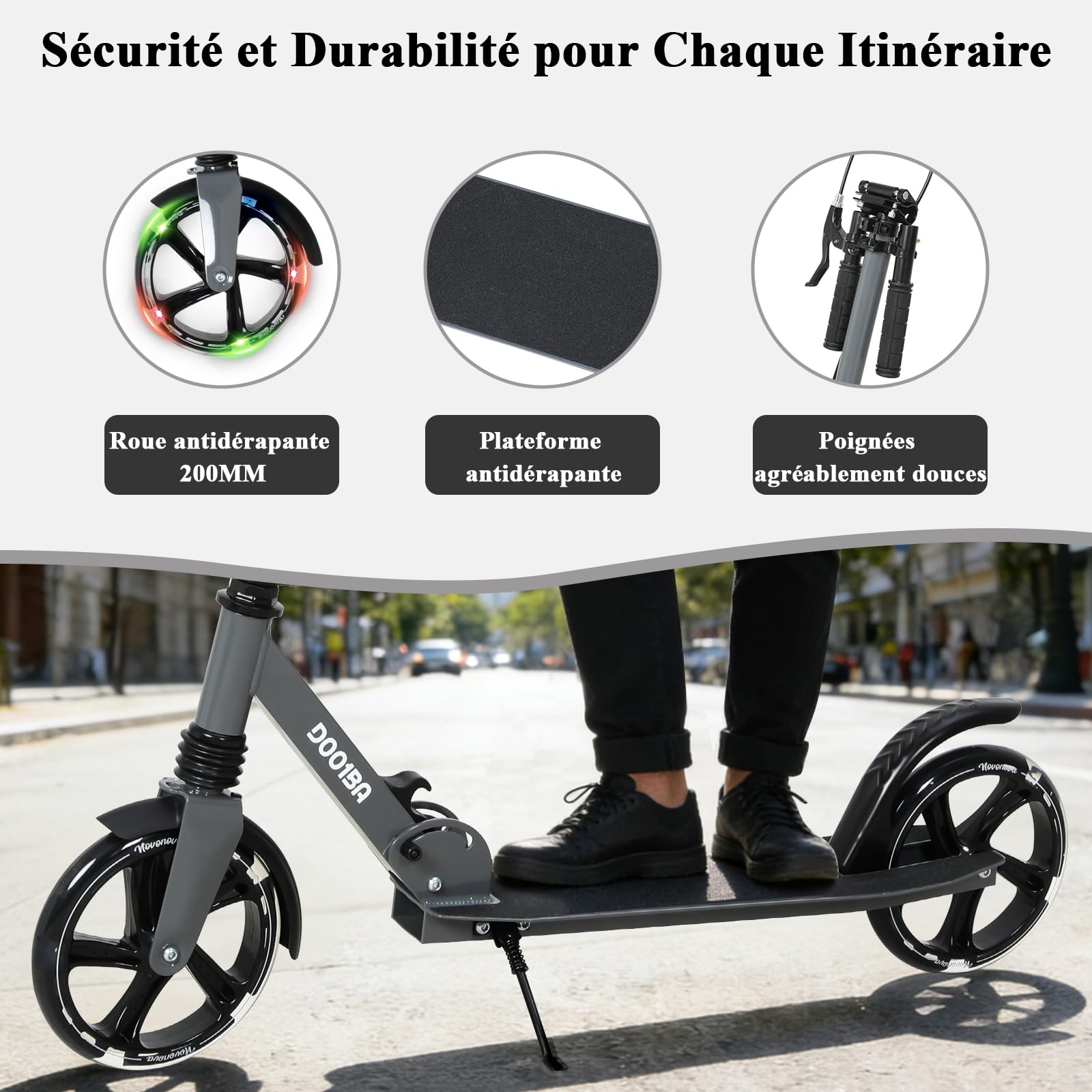 Trottinette Pliable Ado 9-14 Ans, Trottinette Adolescent avec Frein au Guidon, Trotinette Grande Roue 200MM, Trotinettes Guidon Hauteur Ajustable 3 Niveaux, Enfant/Ado 125-175CM, Charge 100KG