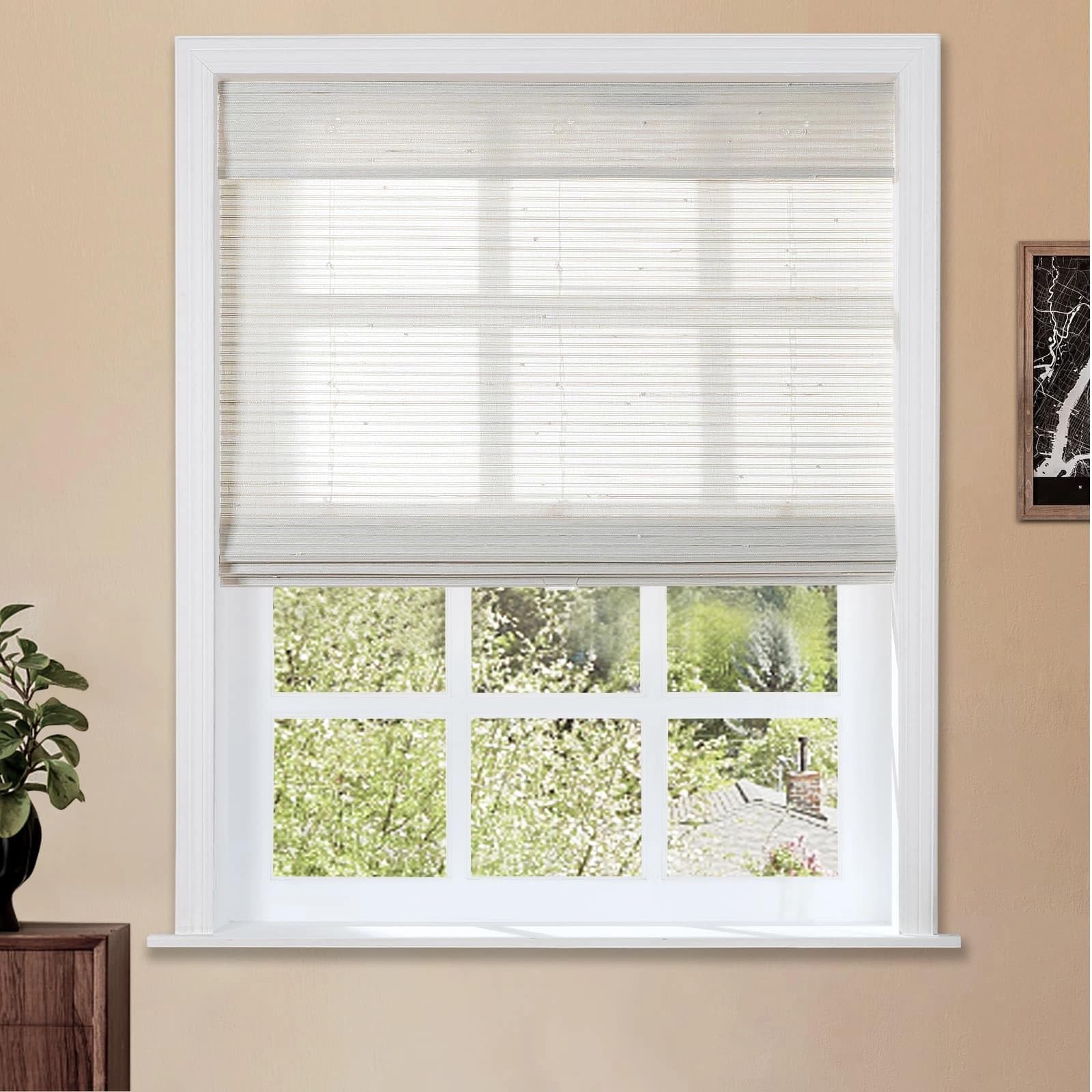 TWOPAGES Cordless Roman Shade, Light Filtering Woven Bamboo Blinds for Windows, Custom Bamboo Woven Shade for Interior Windows, Marble White, 1 Shade