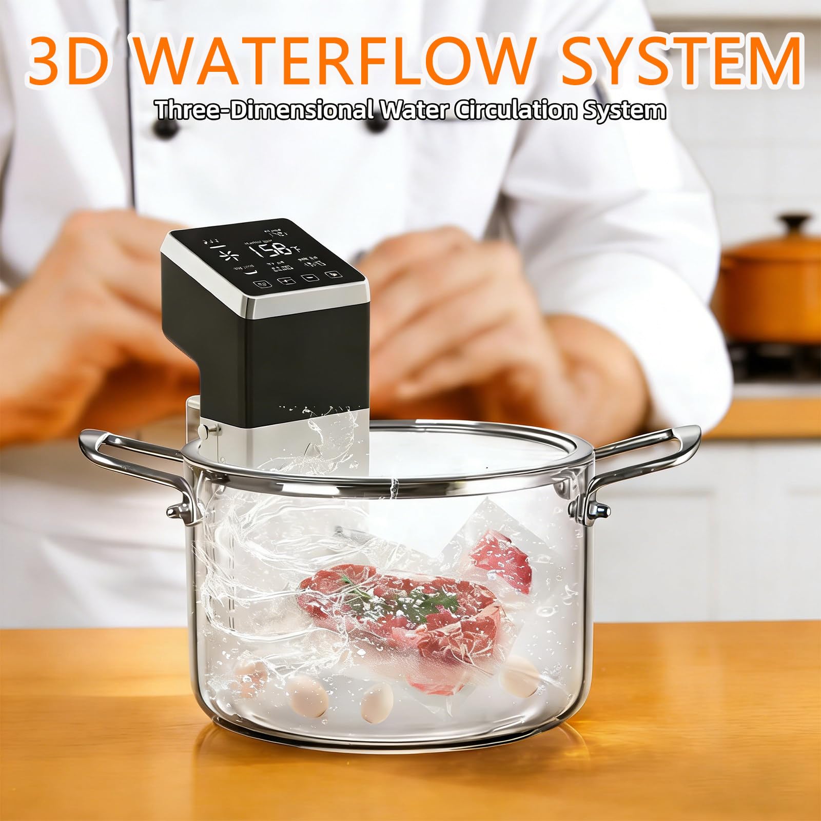 Cocinero Circulador Sous Vide de 1600W con Pantalla Táctil, Calentamiento Rápido, para Chefs, Carnes, Mariscos y Verduras en Casa