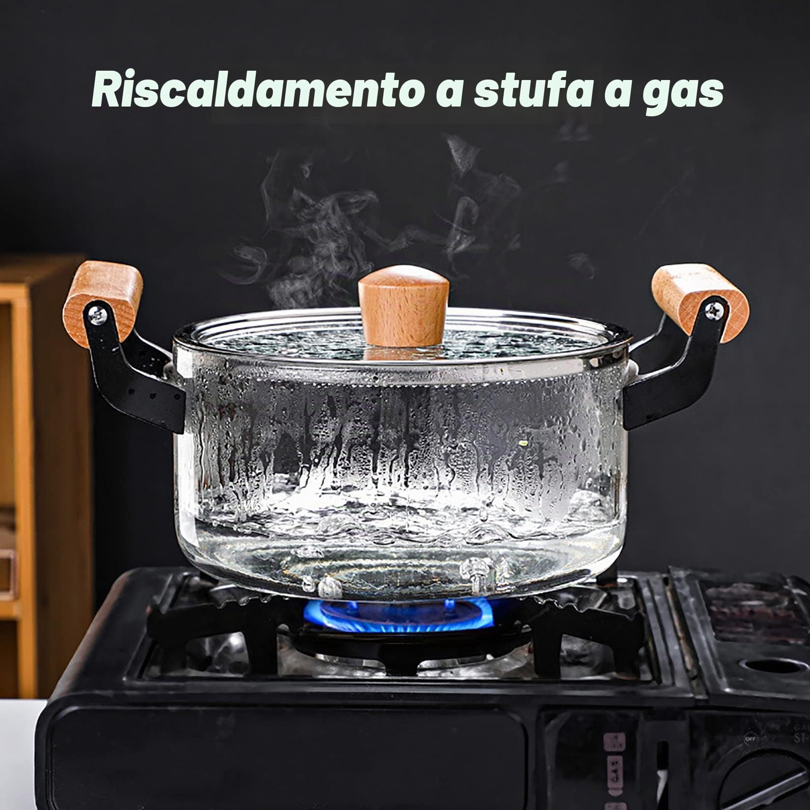 Pentole di Vetro Riscaldabile per Cucinare con Manico in Legno, Pentola in Vetro Trasparente per Ristorante di Cucina Domestica,3.5l