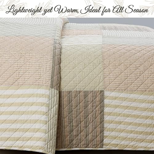Miniatura 6 de Cozy Line Home Fashions Juego de ropa de cama reversible de 3 piezas de algodón con diseño de retazos de rayas marrón tostado beige