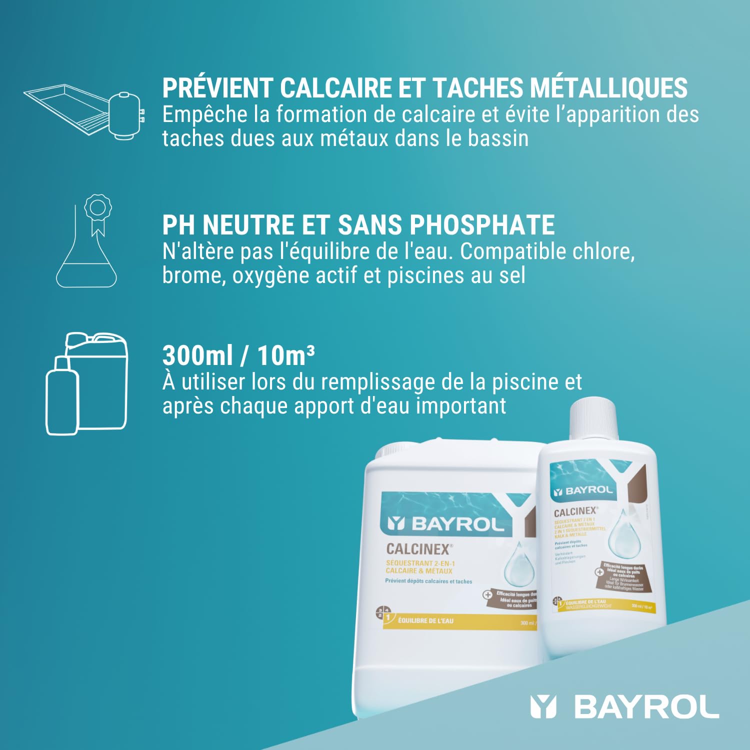 BAYROL Calcinex 3 L - Anti calcaire Piscine - Empêche Les dépôts de calcaire & de métaux sur Les parois & Le Fond du Bassin - Convient à Tous Les Types de filtres