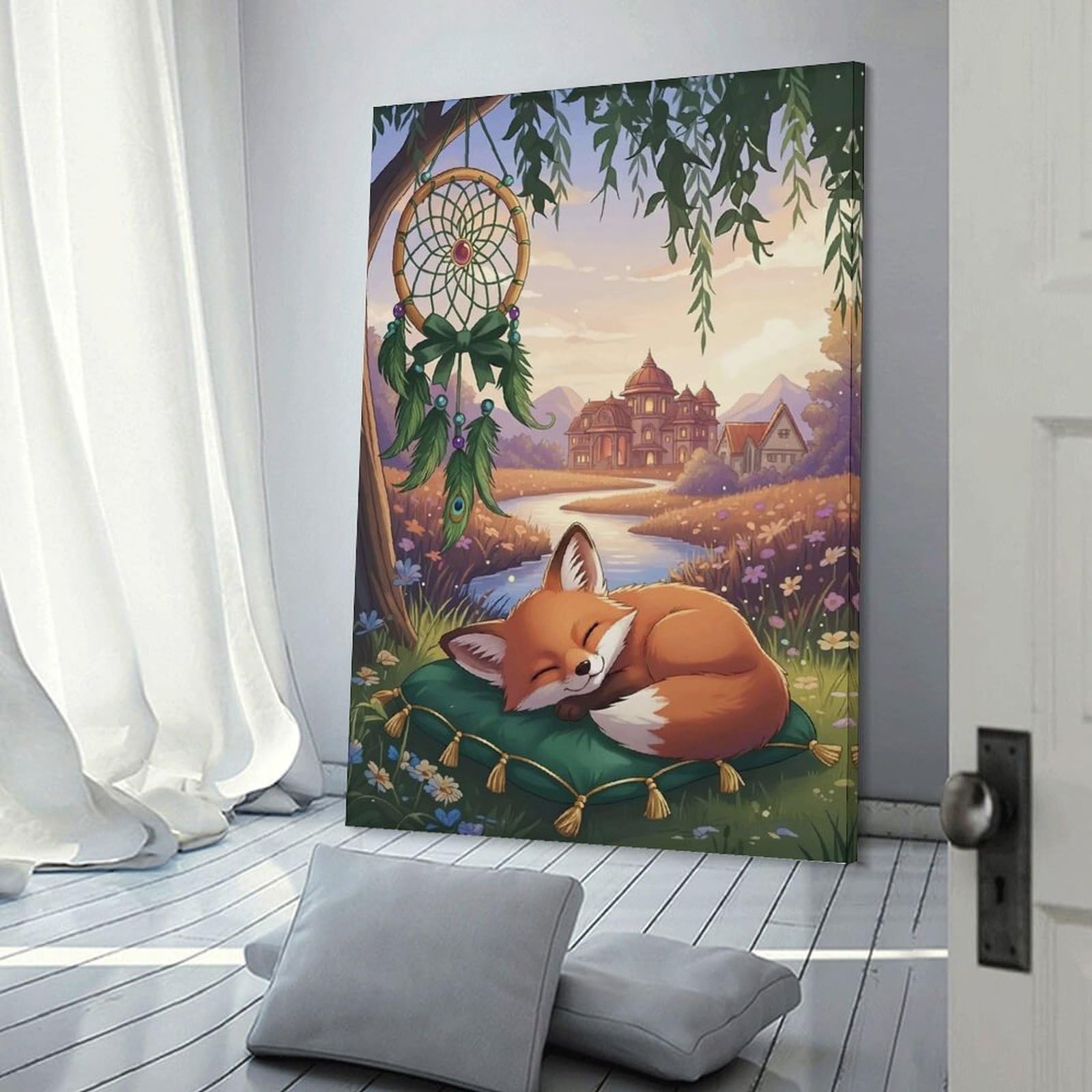 Junmoney Sleeping Fox with Dreamcatcher Landscape Decorative Wall Artwork, 08x12inch(20x30cm), for New Homes, Bedrooms Or Workspaces, Gift Idea for Housewarming And Birthdays