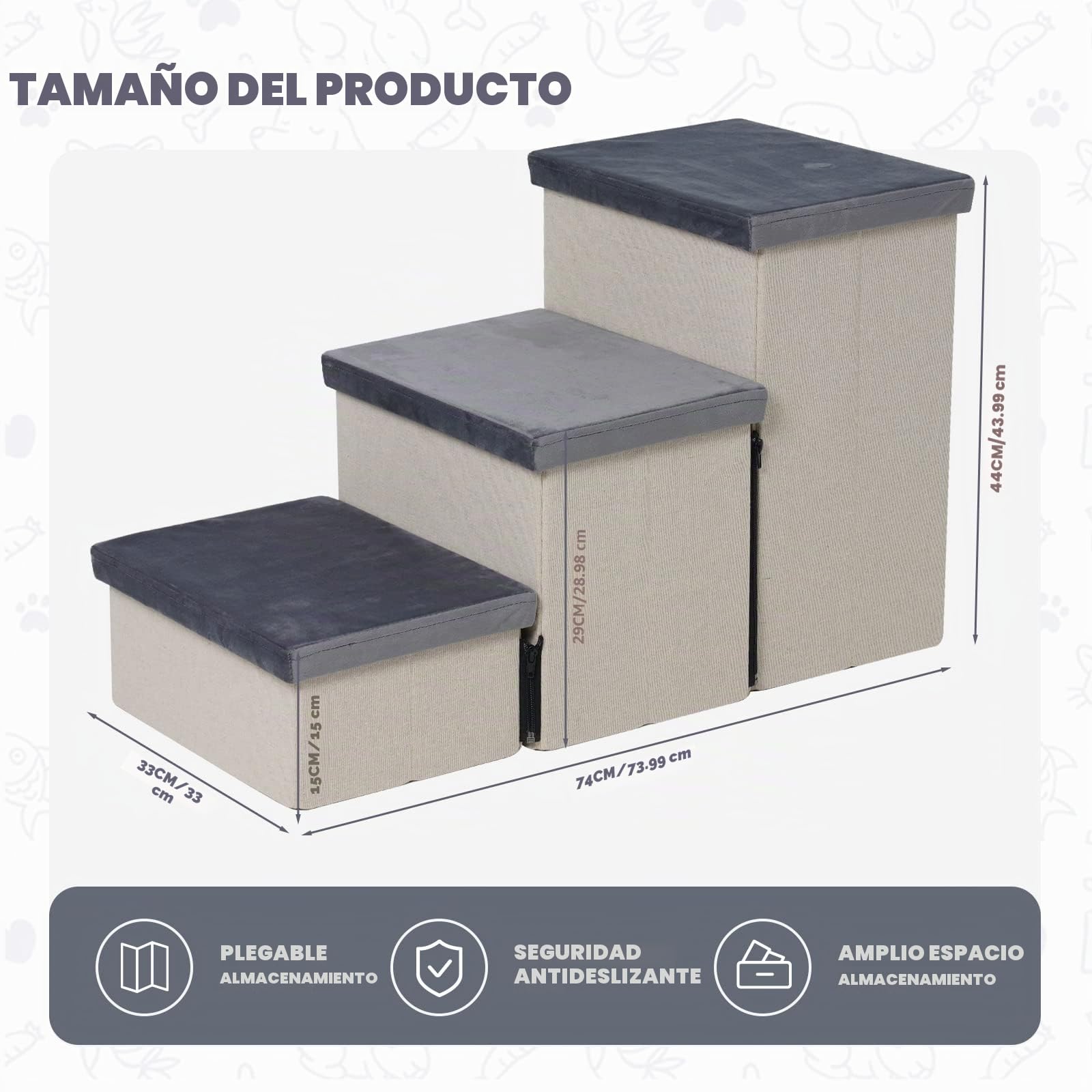 Escaleras Plegables de 3 Peldaños para Mascotas,Perros y Gatos,Escalera con Amplio Almacenamiento,Ahorra Espacio,Resistente,74x33x44 cm