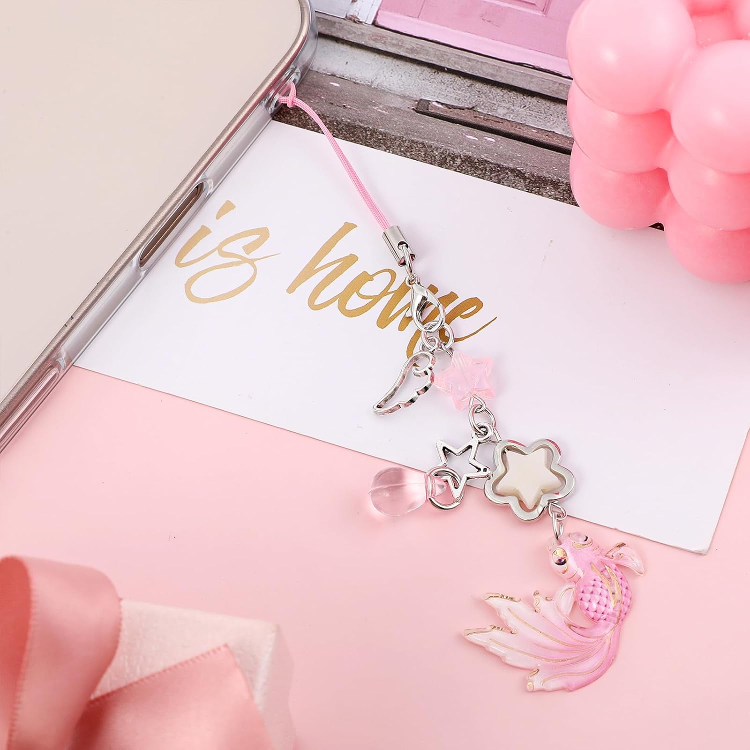 4Pcs Cute Phone Charm Mobile Koi Star Pendant Decor Detachable Anti Theft Strap Decorative Charms for Camera Bag Cellular Telephones Case Suitable for Keychain Backpack Wallet Decoration Women