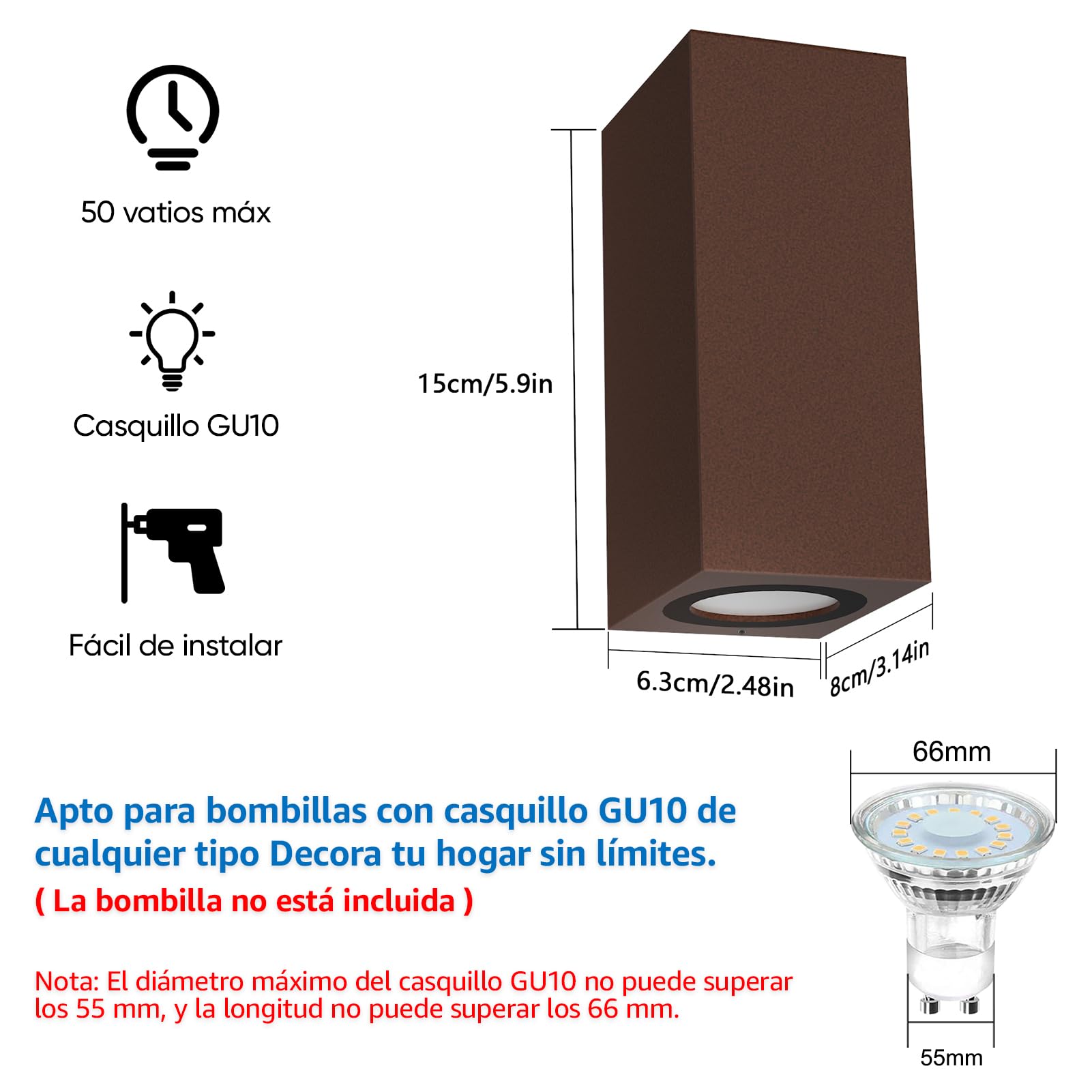 Klighten 4 Piezas Cuadrado Lámpara pared Exterior/Interior, IP65 Impermeable Color óxido Aplique Pared Exterior, GU10 Luz Pared de Aluminio Moderno para Jardines Pasillo Terraza, Bombilla no Incluida