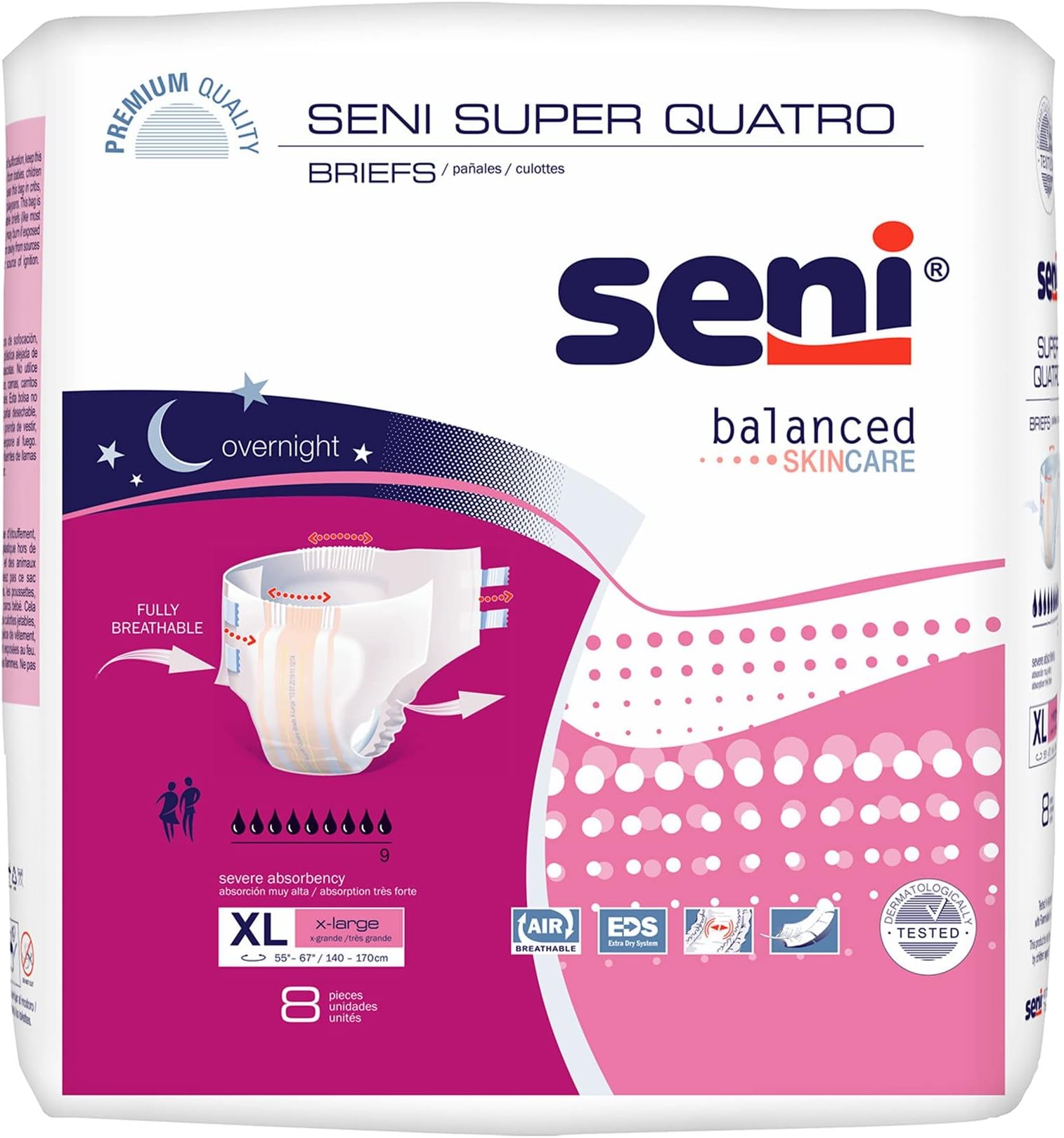Seni Super Quatro Unisex Adult Incontinence Briefs with Tabs, Size X-Large (55"-67"), 32 Count (4 Packs of 8), Severe Absorbency, Disposable Overnight Briefs for Men & Women