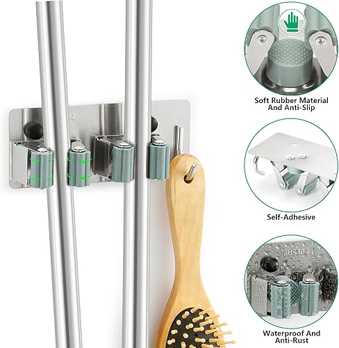 Miniatura 3 de Soporte de pared para escoba de acero inoxidable  Almacenamiento de garaje que ahorra espacio  Organizador de herramientas de jardín con ganchos