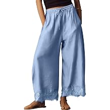 TERIVEEK Lace Trim Wide Leg Pants for Women 2026 Summer Casual Drawstring Elastic Waisted Flowy Trousers with Pockets