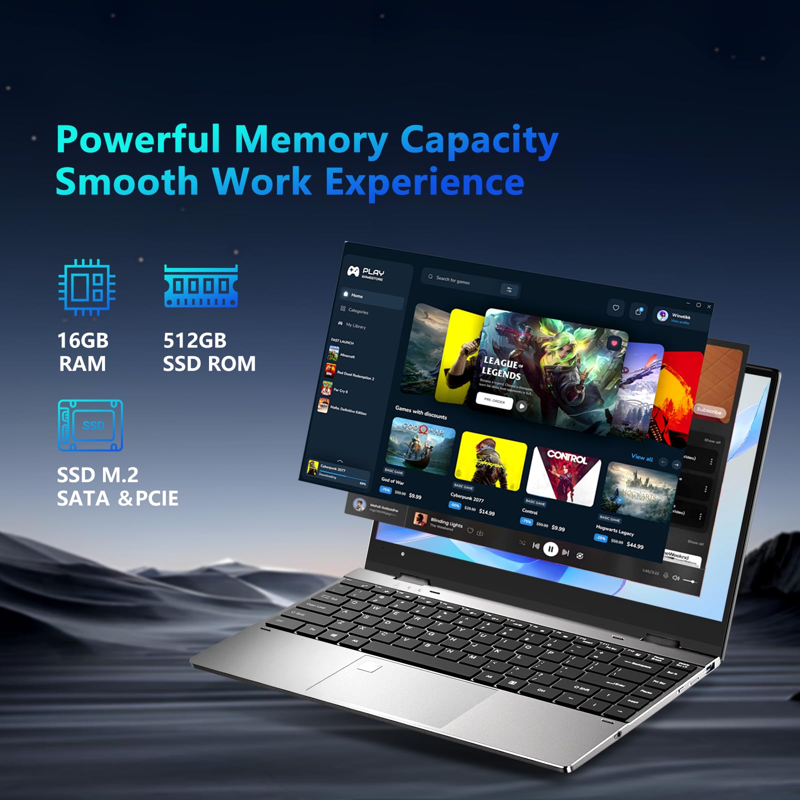 FUNYET PC Portatile 14 Pollici, Win 11 Pro laptop PC, N100 CPU 1920 × 1200P IPS schermo Portatile FHD 16GB 512GB SSD USB Bluetooth mini HDMI WiFi Tastiera Retroilluminata