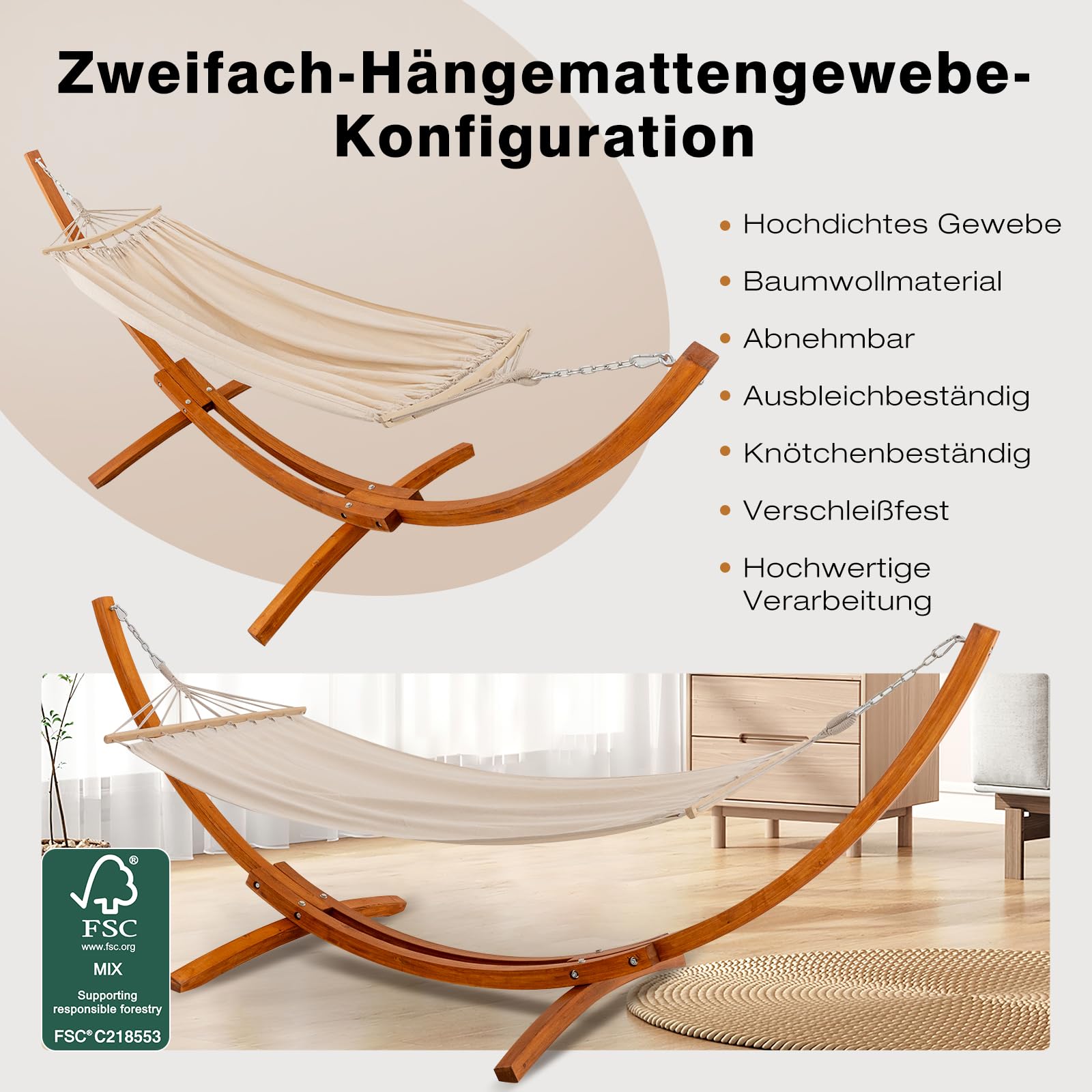 Hängematte mit Gestell, Mit 2 Hängematte, 200kg Belastbarkeit, Maße: 320x120x120 cm, Stabilem Bogengestell aus Massivkiefernholz, Für Garten, Terrasse und Balkon