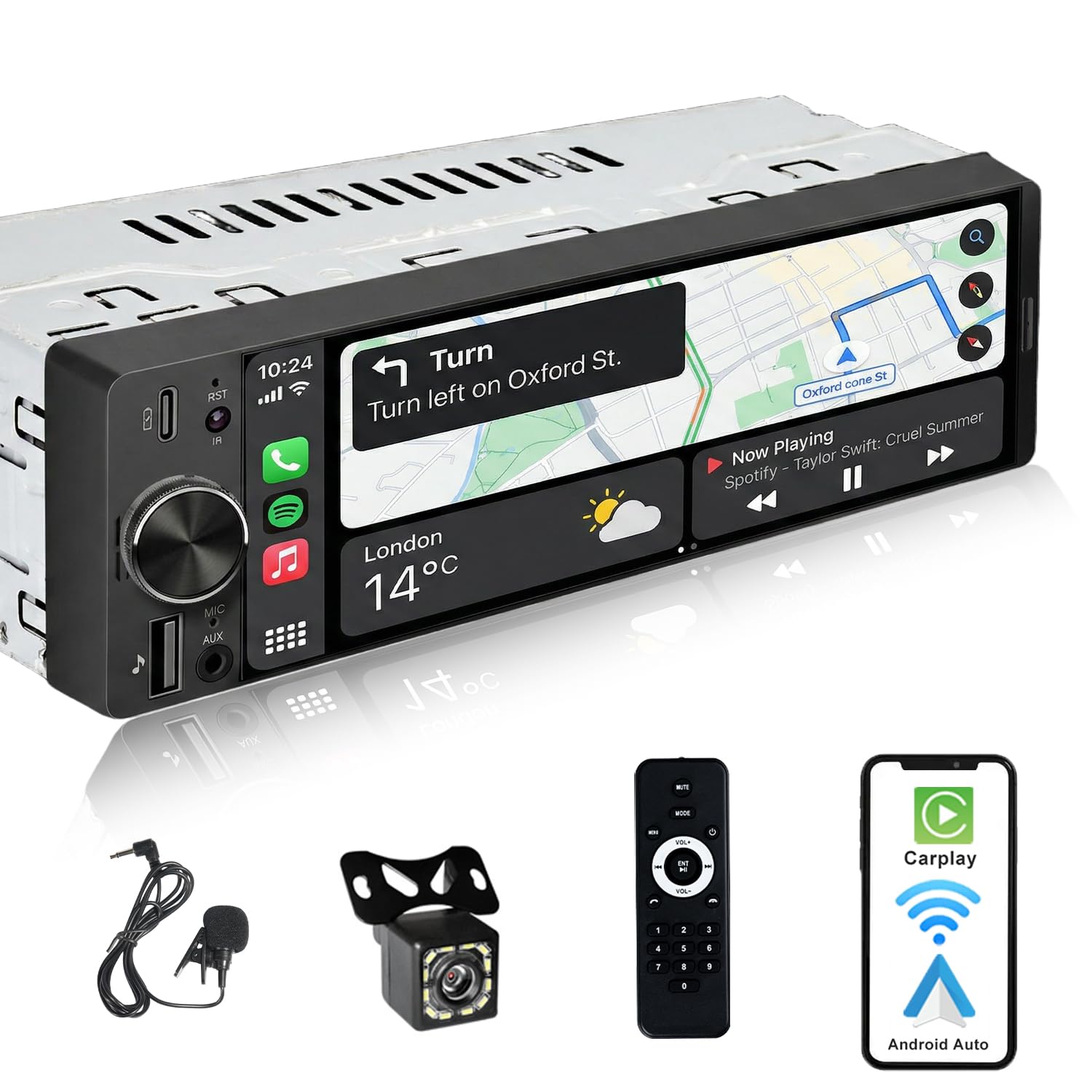 Autoradio 1DIN Mit Bildschirm (6,3") Kompatibel Mit Apple CarPlay [Wireless] Android Auto Bluetooth USB (Typ-C 3A Schnellladung) Rückfahrkamera AM/FM/RDS Radio