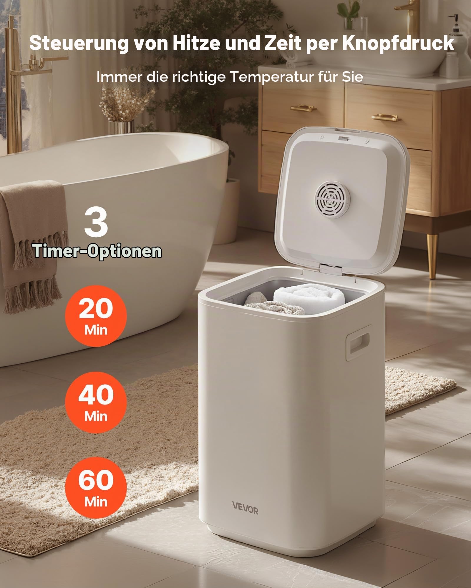 VEVOR Handtuchwärmer Eimer Wärmegerät 20 L mit LED-Anzeige & Einstellung (Timer & Temperatur) & Sicherheitsschloss & 4 Haken, Towel Warmer für Spa Zuhause Badezimmer Waschküche Weiß
