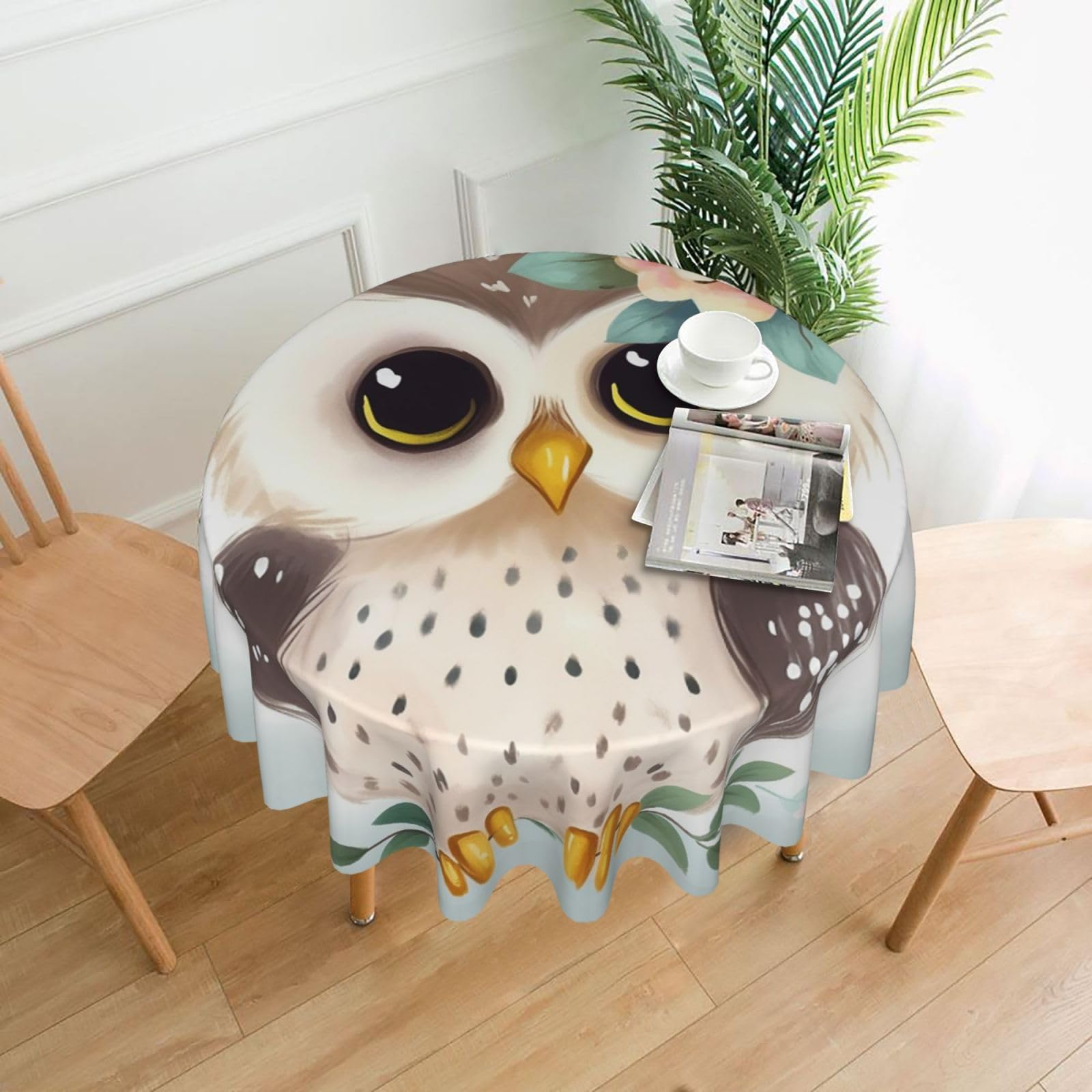 Fodpand Black Cute Owl With Flowers Tablecloths For Round Tables 60 Inches - Reusable And Washable Kitchen Table Clothes Decorative Table Cover For Dining Tables, Buffet Parties, Wrinkle Resistant