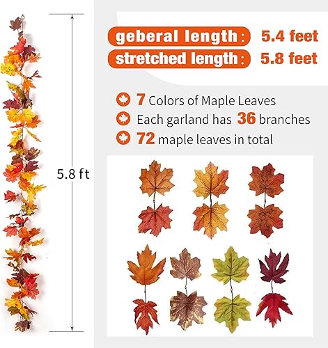 Miniatura 2 de KASZOO Paquete de 2 guirnaldas de arce de otoño con 40 luces LED, guirnalda artificial de follaje de otoño de 5.8 pies/pieza, decoración de otoño