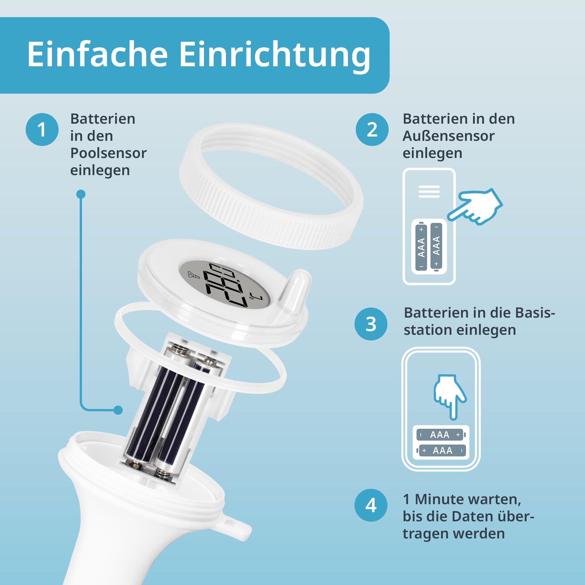 ADE Poolthermometer schwimmend | Pool Thermometer funk für Schwimmbad, Whirlpool, Badewanne, Teich | Wasserthermometer mit Außensensor | inkl. Batterien