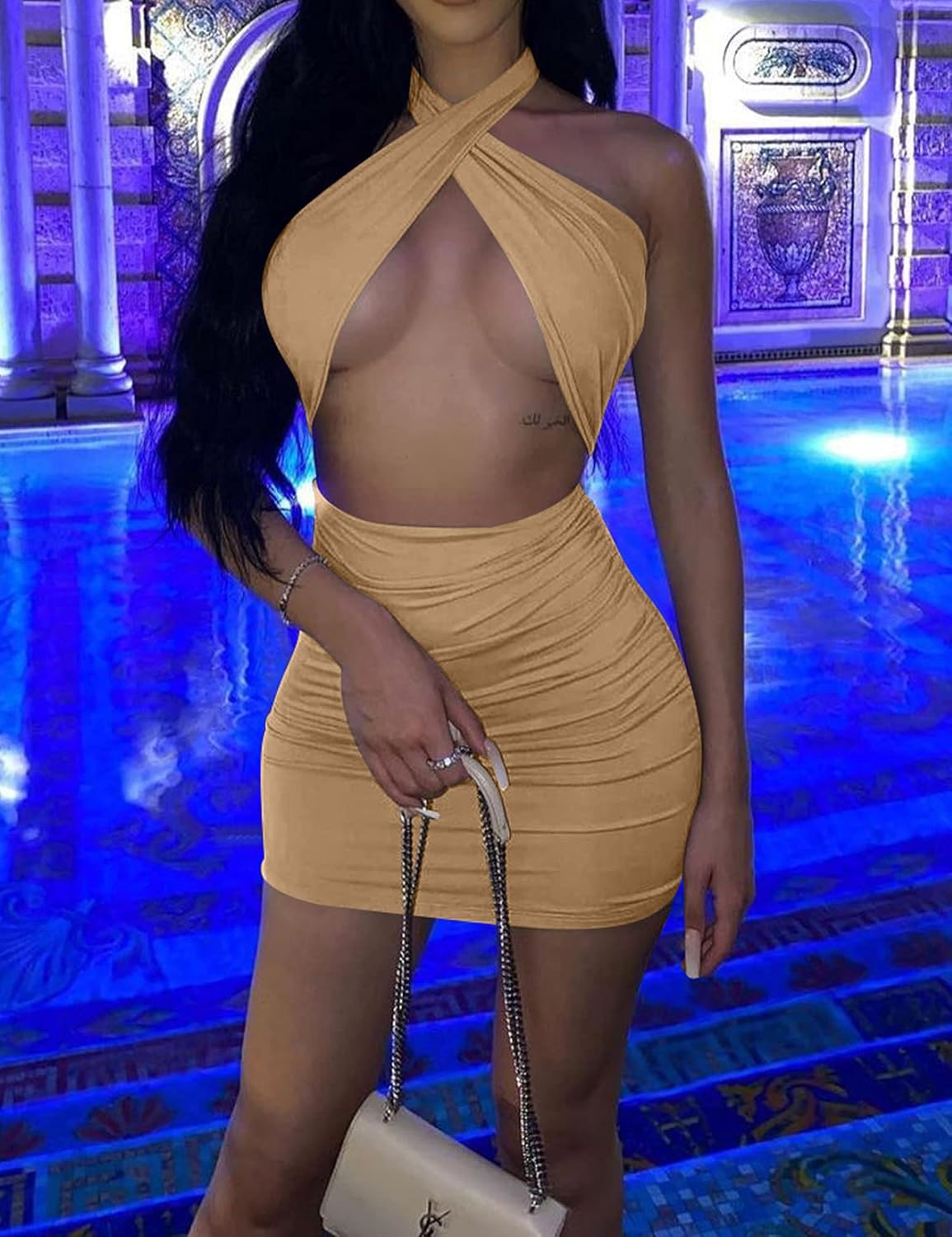 Women's Sexy Ruched Bodycon Halter Criss Cross Cut Out Backless Mini Club Party Dresses - Image 7