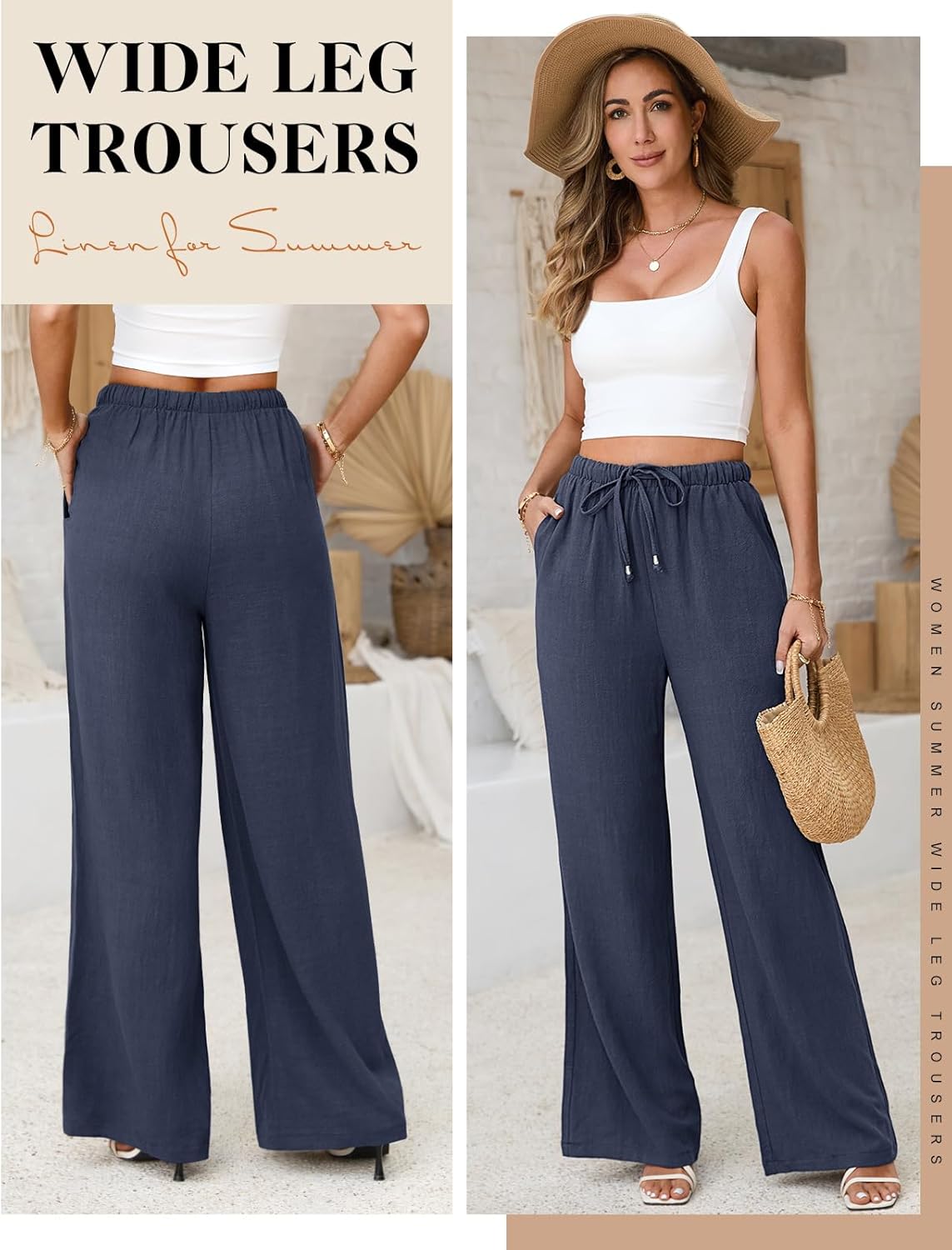 Womens Linen Pants High Waisted Wide Leg Trousers Summer Palazzo Casual Pant Flowy Drawstring Beach Pants - Image 3