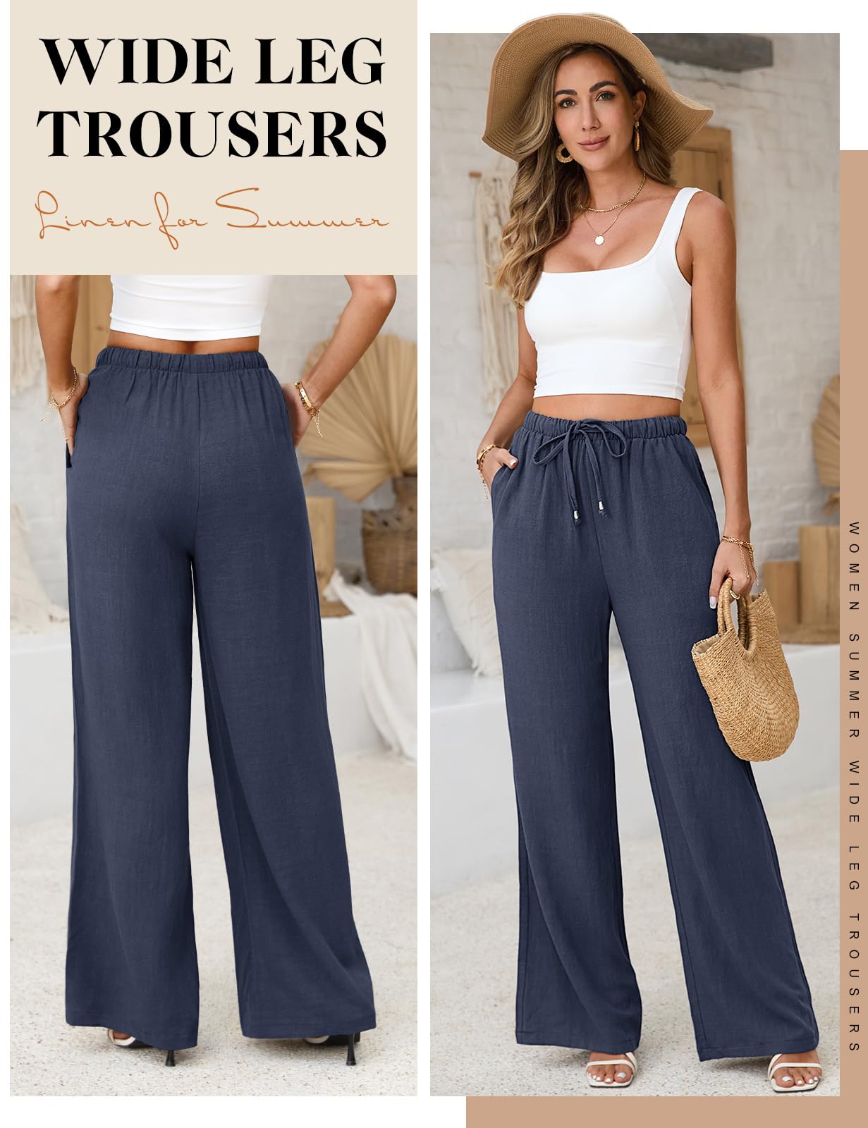 Voqeen Pantaloni Estivi da Donna in Lino Pantaloni Casual in Cotone e Tessuto di Lino Pantaloni Casual Monocromatici Pantaloni da Spiaggia a Vita Alta e Gamba Larga con Tasche