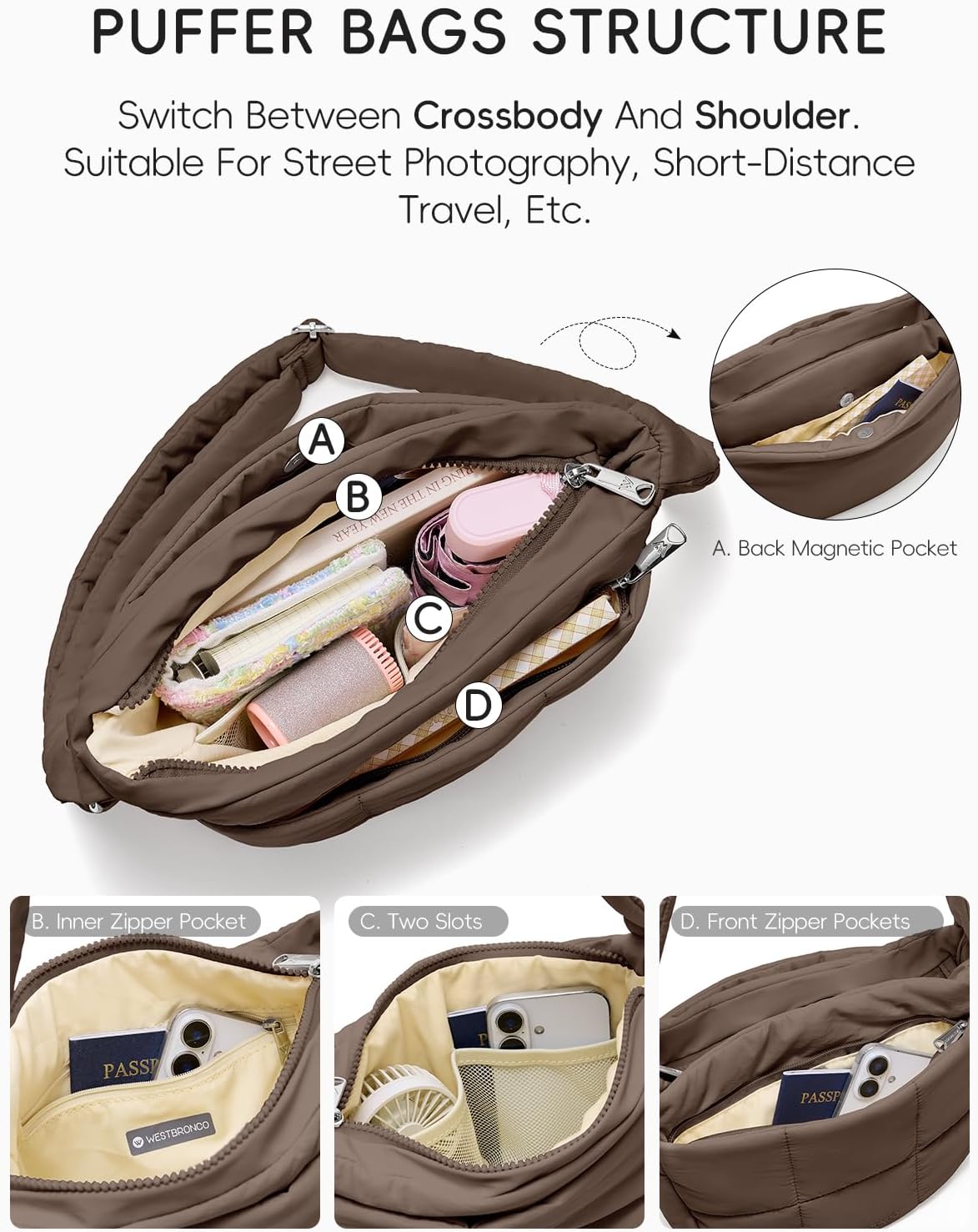 WESTBRONCO Puffer Crossbody Bags for Women Nylon Shoulder Bag Womens Quilted Crossbody Purse for Travel with Adjustable Strap - Image 4