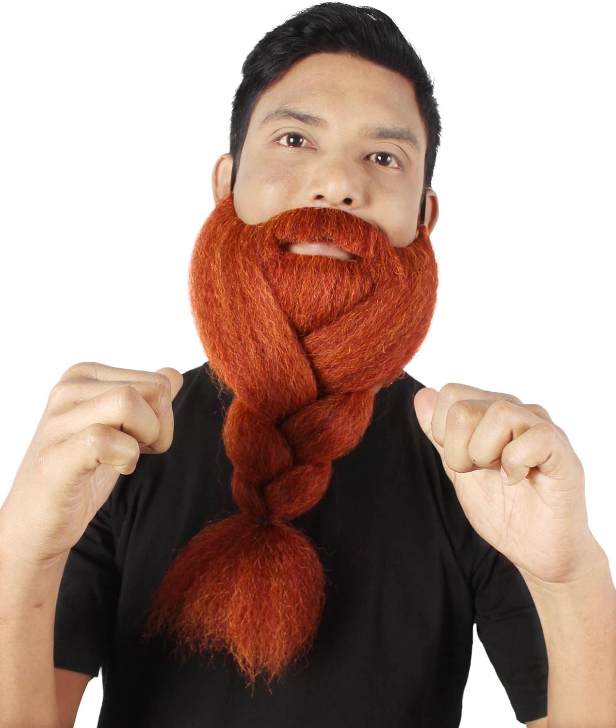 HPO Adult Men's Fake Human Hair Ginger Red Braided Vikings' Beard and Giant Mustache | Novelty False Facial Hair | Costume Accessory for Adults