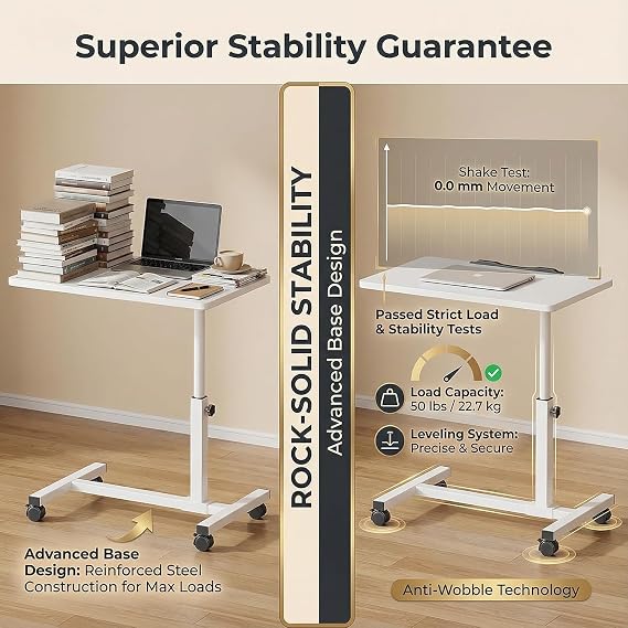 Overbed Bedside Table with Wheels, 60-95cm Height Adjustable | Overbed Table with Adjustable Height and Angle, Laptop Desk/Hospital Bed Table for Office, Home, Hospital, White