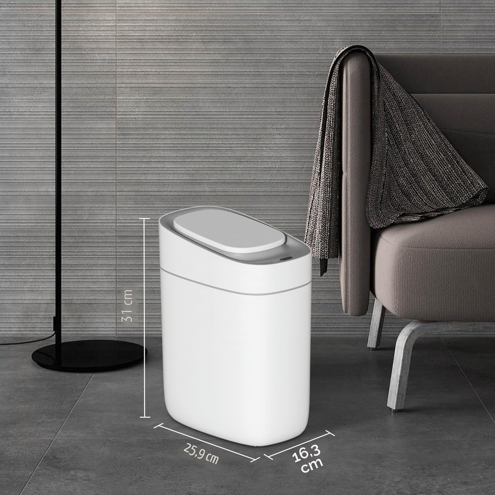 ELPHECO Bote de basura automático para baño con tapa, 2.5 galones, con sensor delgado, cubo de basura de plástico estrecho de 9 litros, contenedor de basura impermeable con sensor de movimiento para