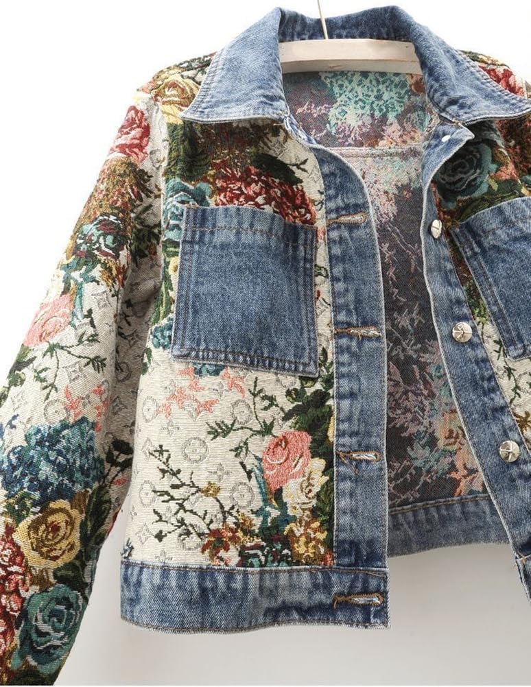 Women Flower Print Jean Jacket, 2025 Autumn Y2K Long Sleeve Button Down Lapel Cropped Denim Outerwear