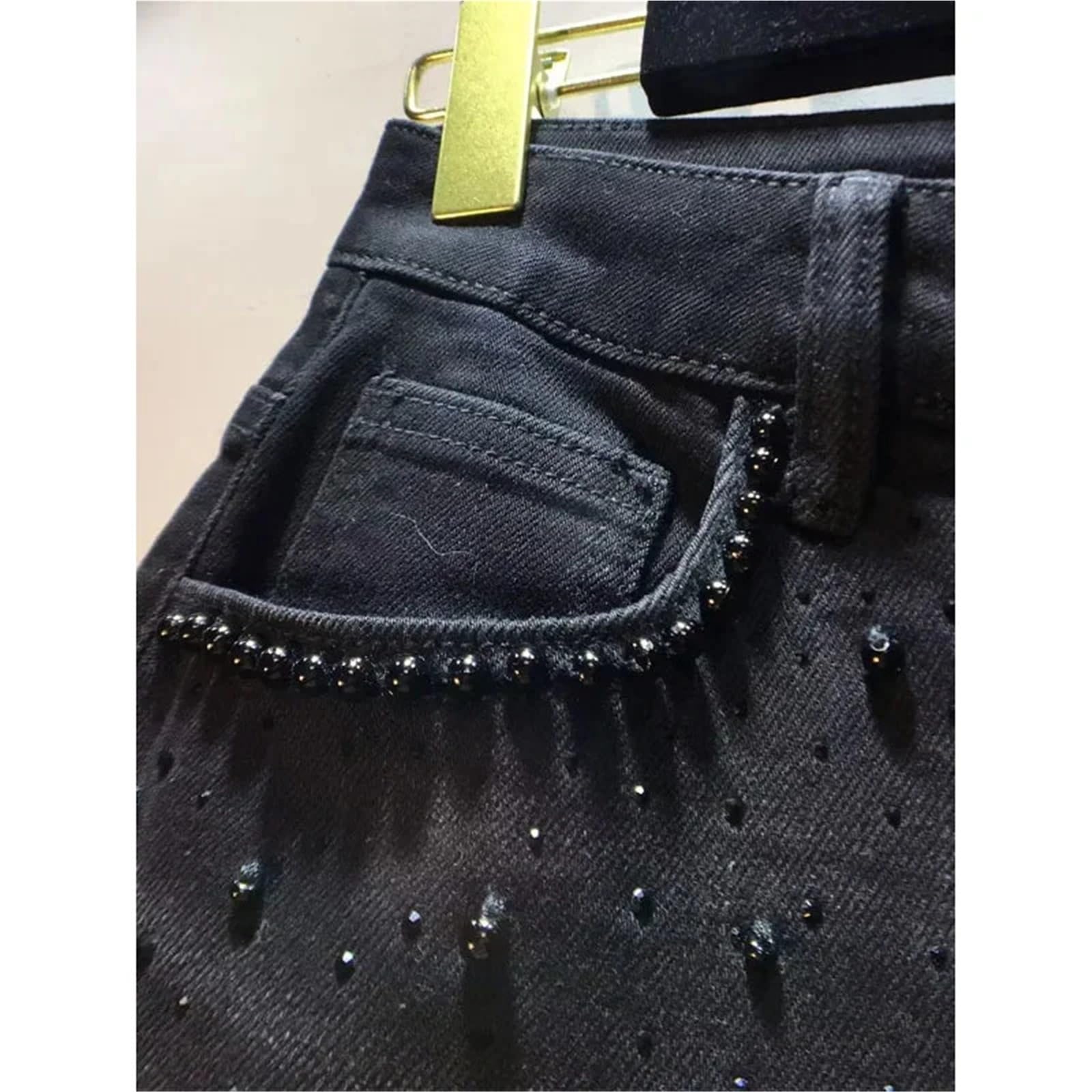 Vaqueros Anchos Mujer Pantalones Anchos de Pierna Recta con Encaje Hueco y Flores Retazos Mezclilla Bordado Diamantes imitación Verano, Pantalones Casuales Cintura Alta