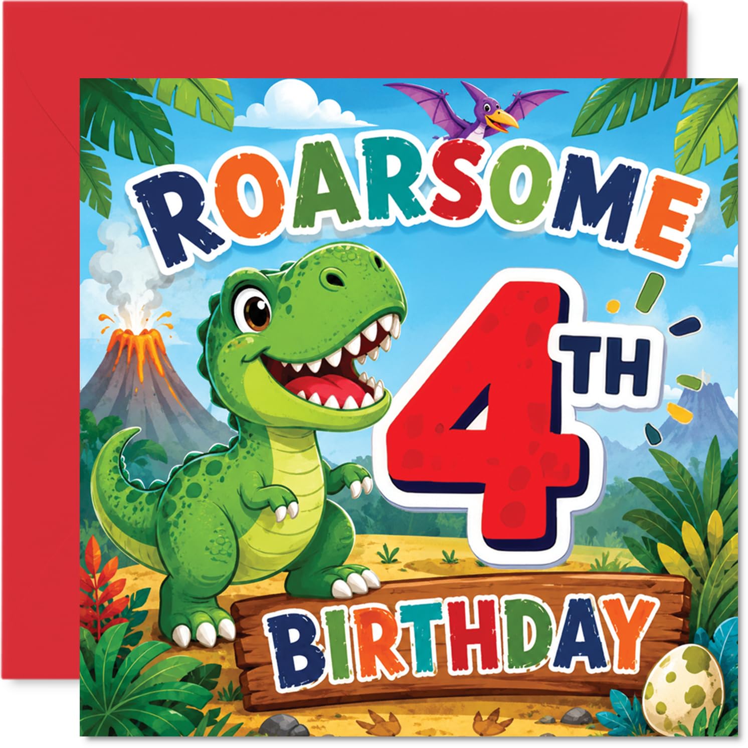 Playful 4th Birthday Card - Roar into Their Big Day - Colourful Cartoon Dinosaur with Volcano and Jungle Scene - 145mm Square, Envelope Included