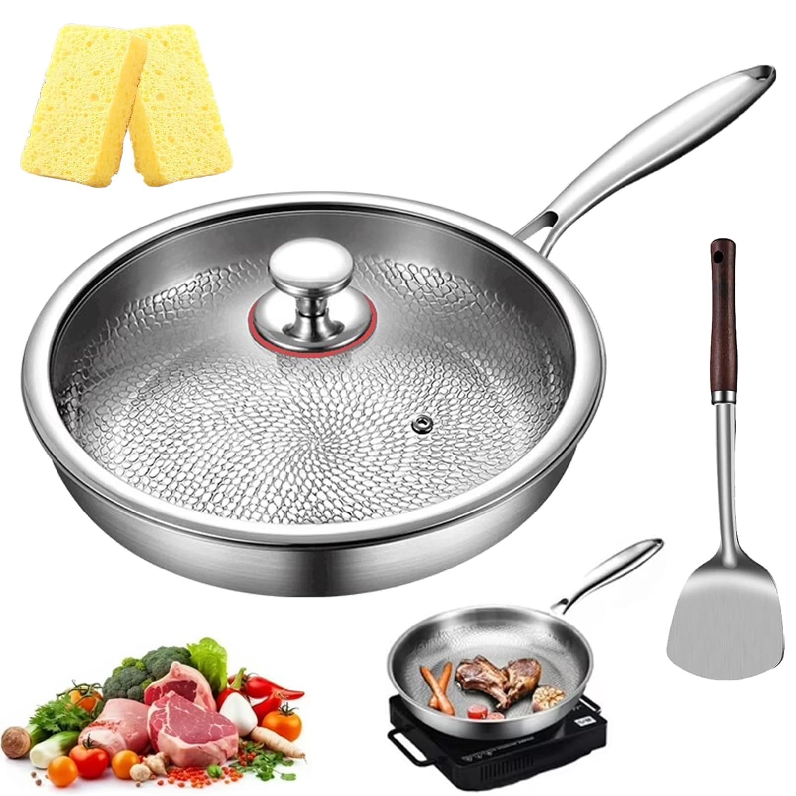 Pure Titanium Hammered Pan Pro with Lid, 10.23/11.02/11.81 Inch Pure Titanium Pan Hammere…