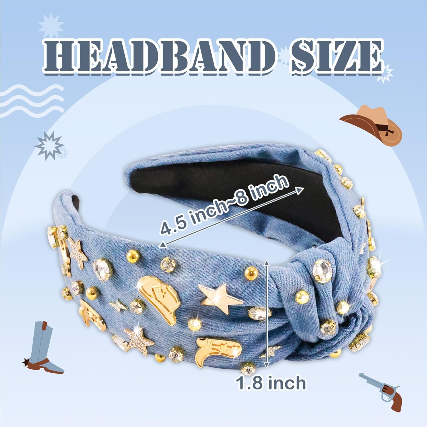 Western Cowgirl Headbands for Women, Rodeo Outfits Country Concerts Costume Cowboy Chic Boots Hat Charm Knotted Headband, Cowgirl Hair Accessories for Western Themed Party (Denim) - Image 2