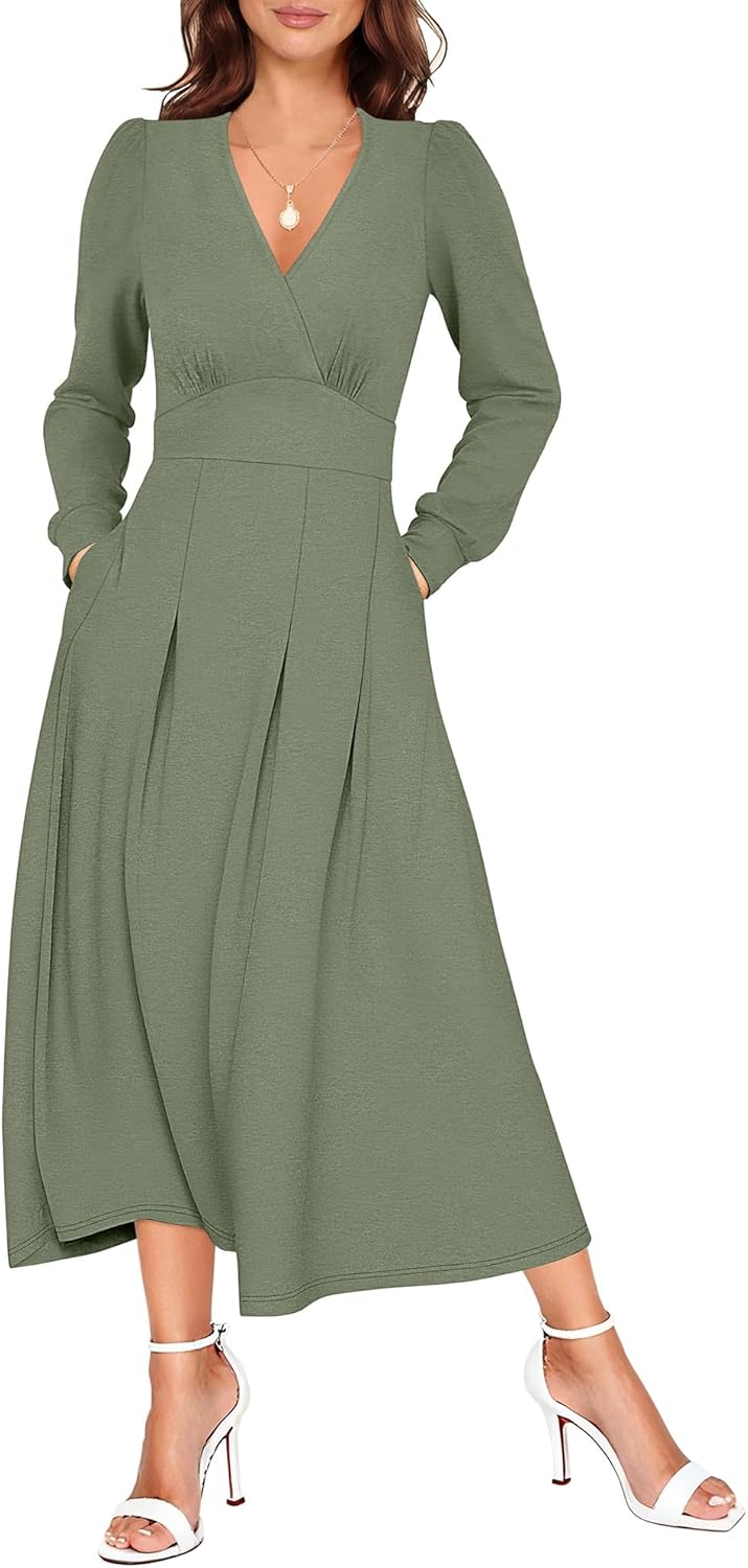 ANRABESS Womens Fall Long Sleeve Midi 2025 Lightweight Wrap V Neck Empire Waist Casual Dresses with Pockets