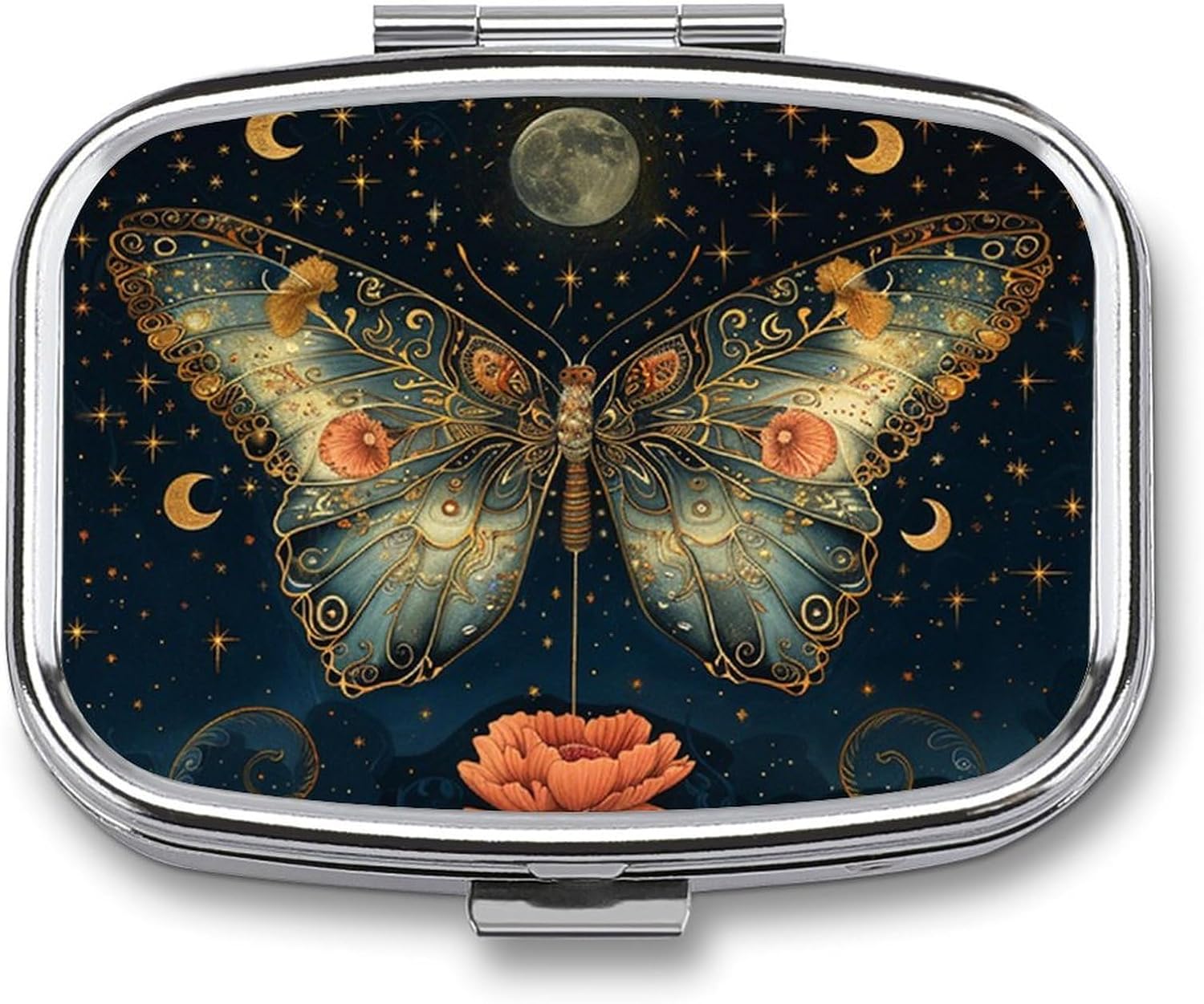 Metal 2 Compartment Pill Organizer Travel Friendly Portable Compact Pill Box Cute Pill Case to Hold Vitamins,Fish Oil,Supplements,Meds,Tablet for Purse,Pocket. (Black Background)