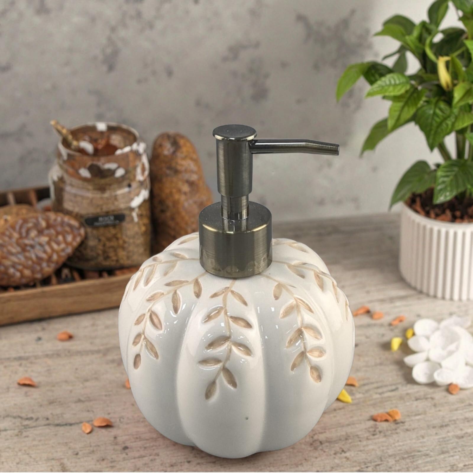 Qyleee White Hand Halloween Soap Dispenser Ceramics Refillable Hand Fall Bathroom Essentials Pumpkin Home Decoration Dish For Bathroom(White)