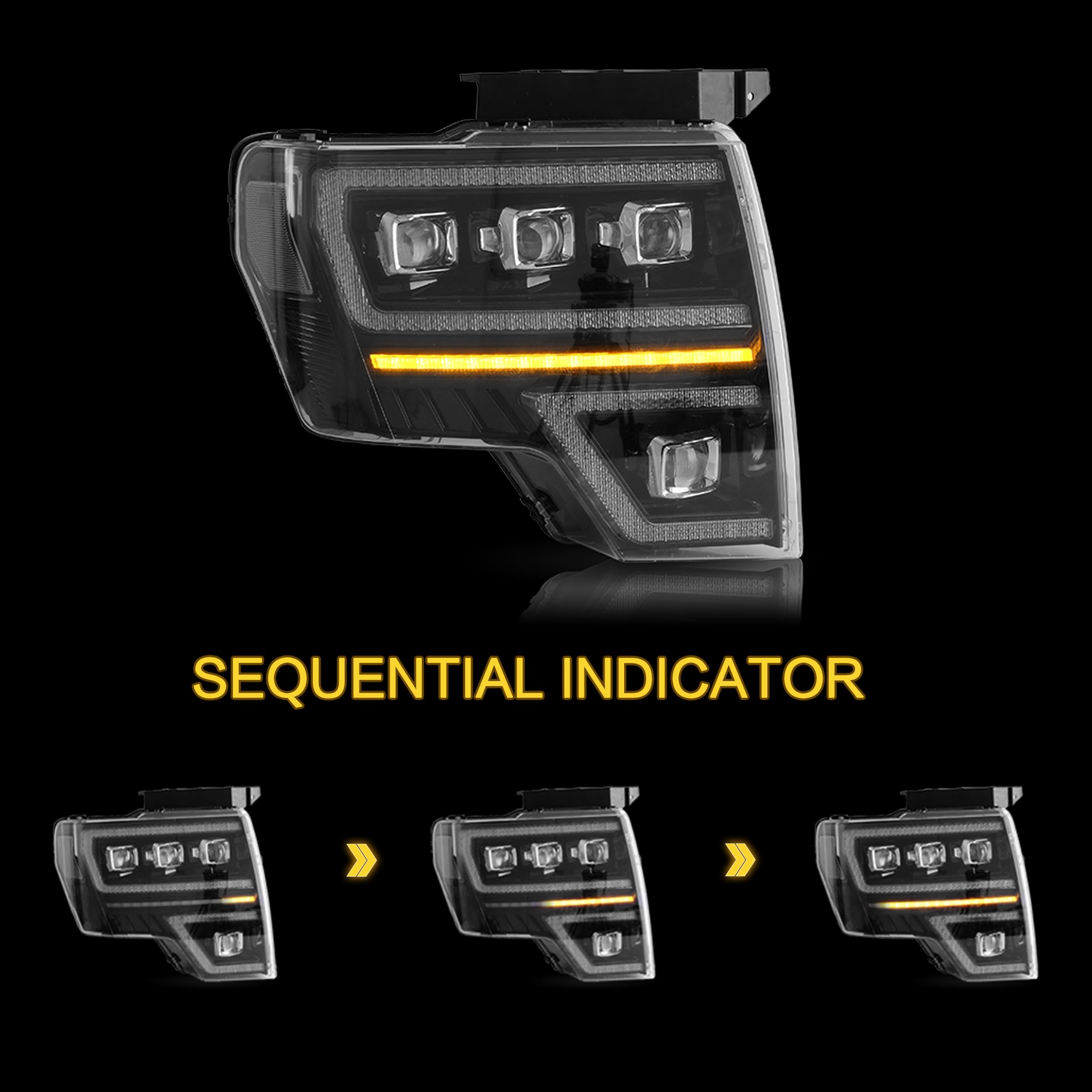 Phares Avant VLAND LED Pour Ford F150 2009-2014 - Clignotant Séquentiel - Certifié DOT - Noir