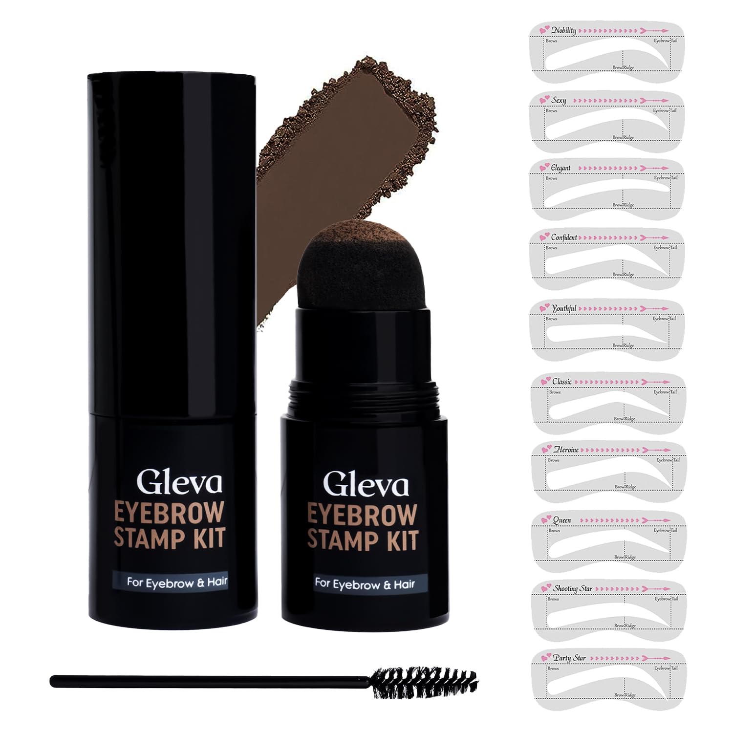 Gleva Eyebrow Stamp & Stencil Kit - Vegan Long-Lasting Stamping Powder - 10Pcs Reusable Thin & Thick Stencils for Perfect Brows (Dark Brown)