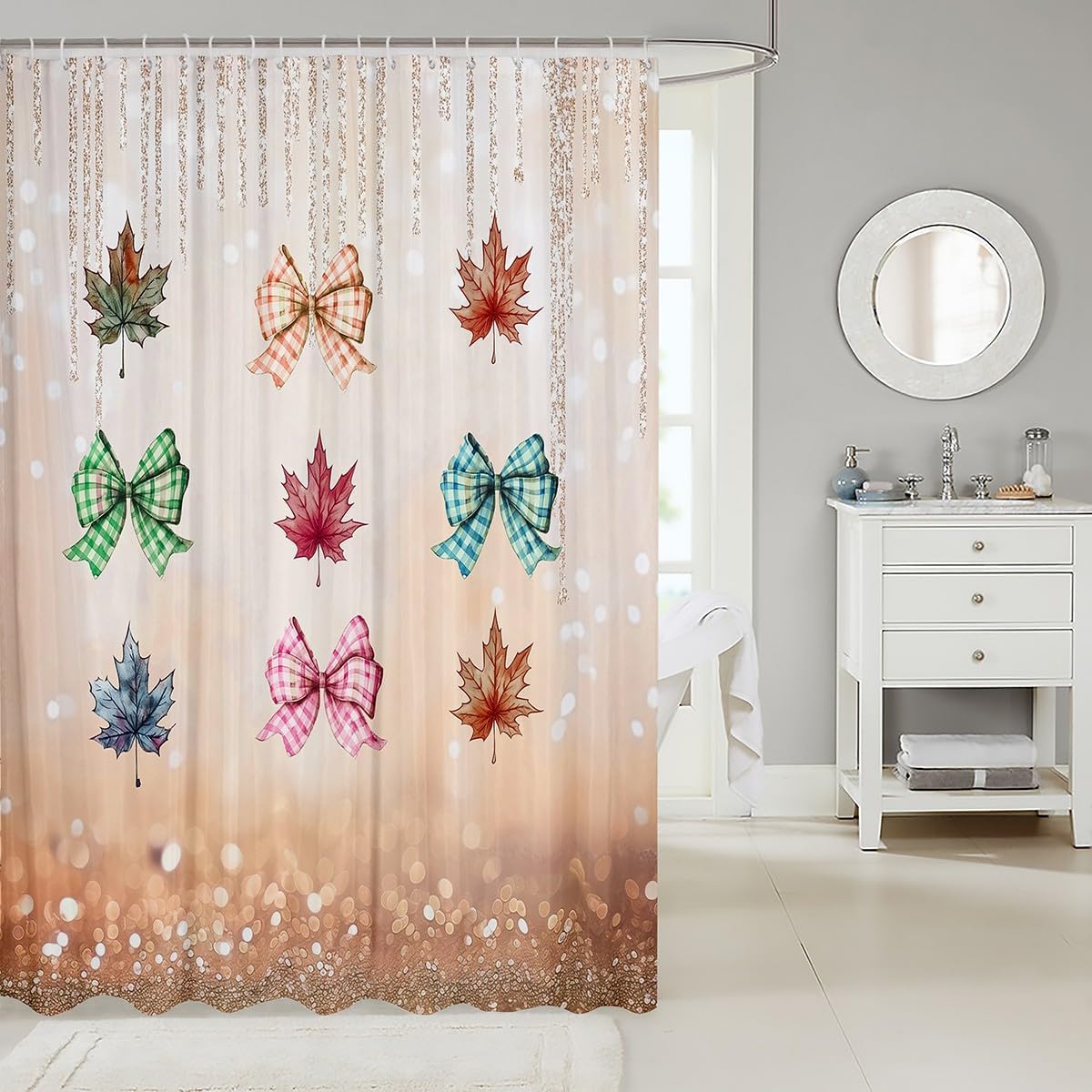 Erosebridal Autumn Harvest Shower Curtain Colorful Plaid Bow Bath Curtain Thanksgiving Maple Leaf Bathroom Accessories Glitter Coquette Bow Fabric Shower Curtains,72" Wx72 L image 2