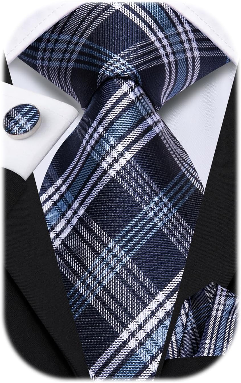 Hi-Tie 70 inches Ties for Men Silk Extra Long Necktie and Pocket Square Cufflinks Set Men Big and Tall Tie Business