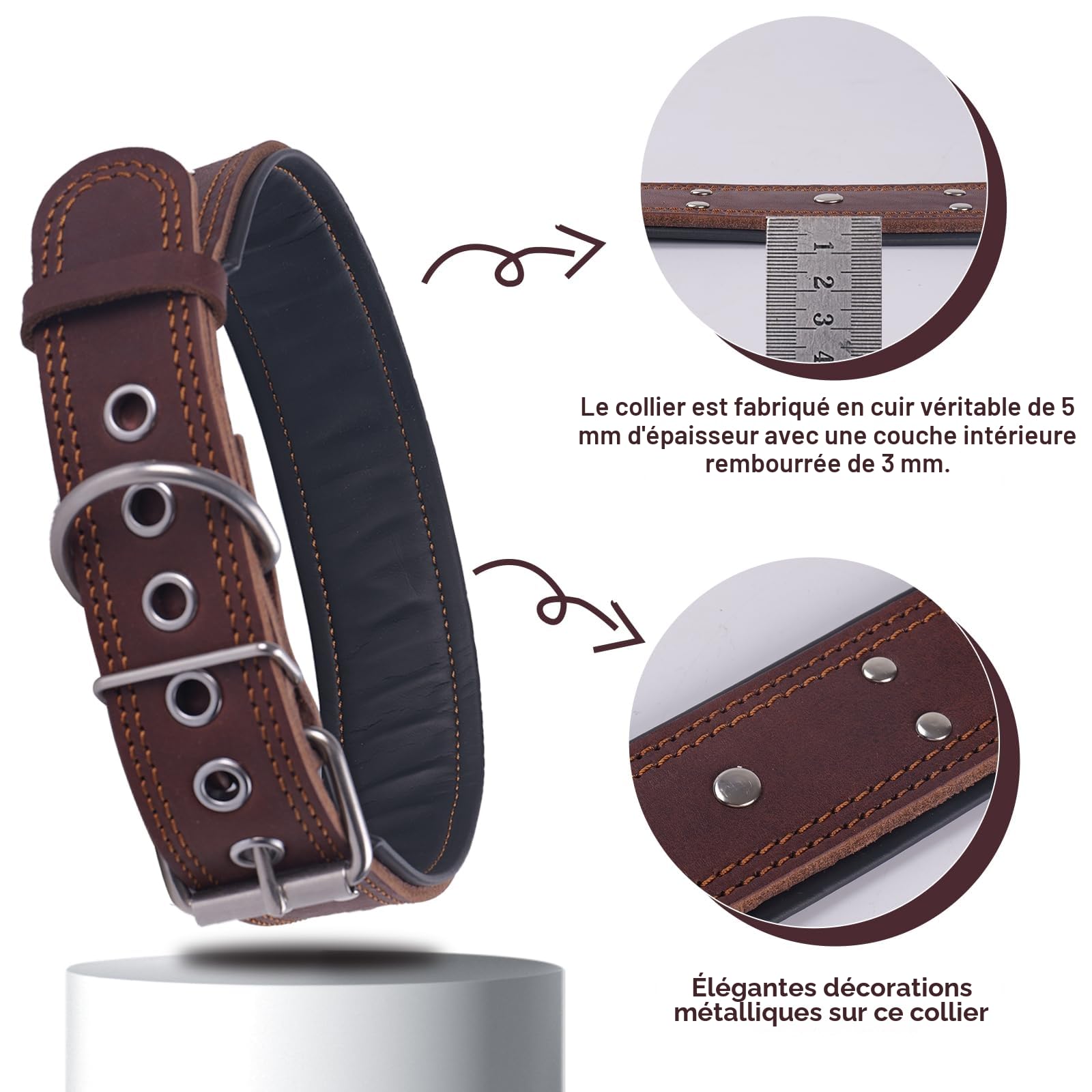 Collier pour Chien Clouté en Cuir, Rembourré Extra épais et Large de 5 cm, en Cuir Véritable Souple et Résistant, Très Robuste pour Les Chiens de Taille Moyenne, Grande et Très Grande (Marron, XXL)
