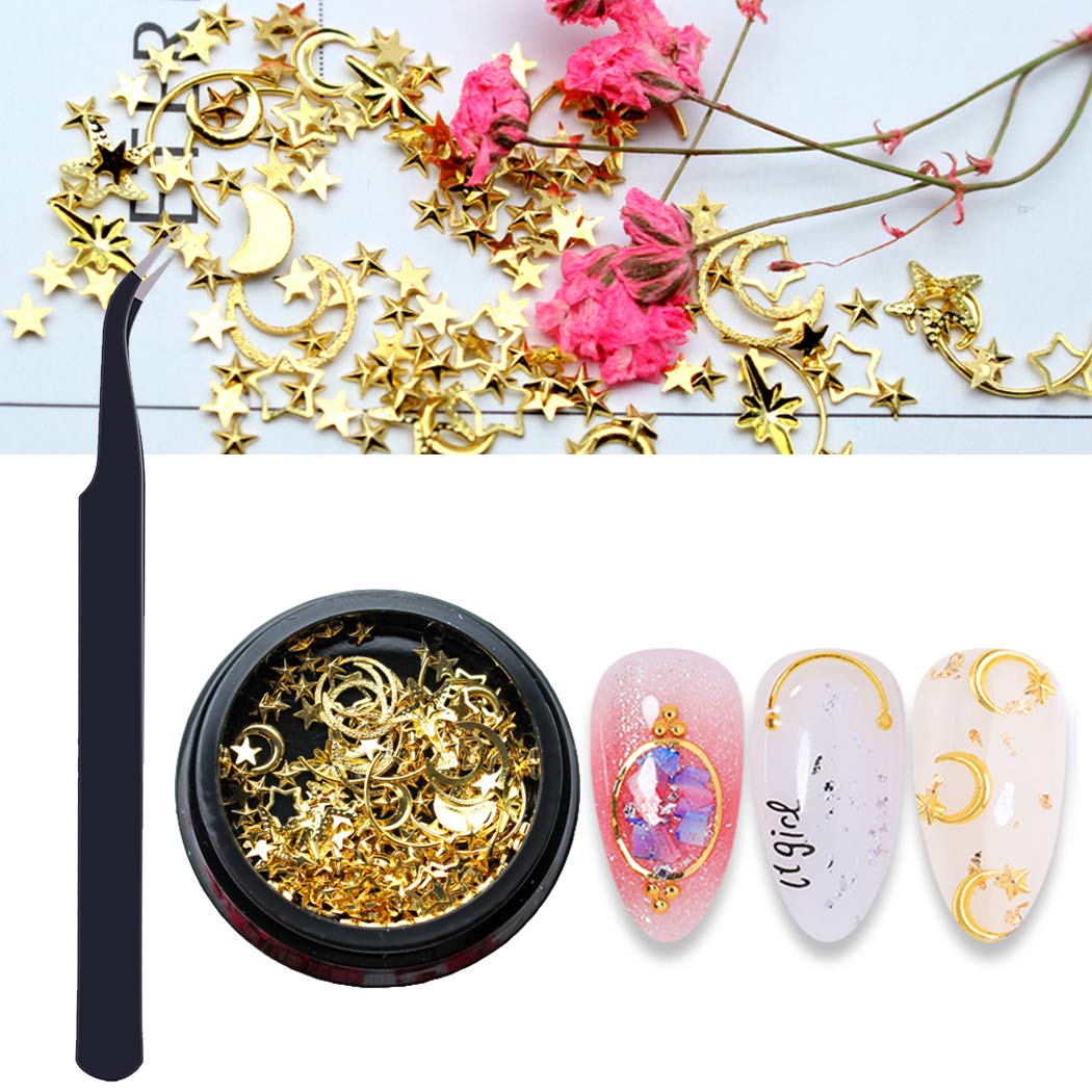 Kapmore Nail Art Stud Nail Sequins DIY Assorted Hollow Gold Moon Star Metal Nail Charms Manicure Glitter Alloy Nail Art Decoration with Tweezer