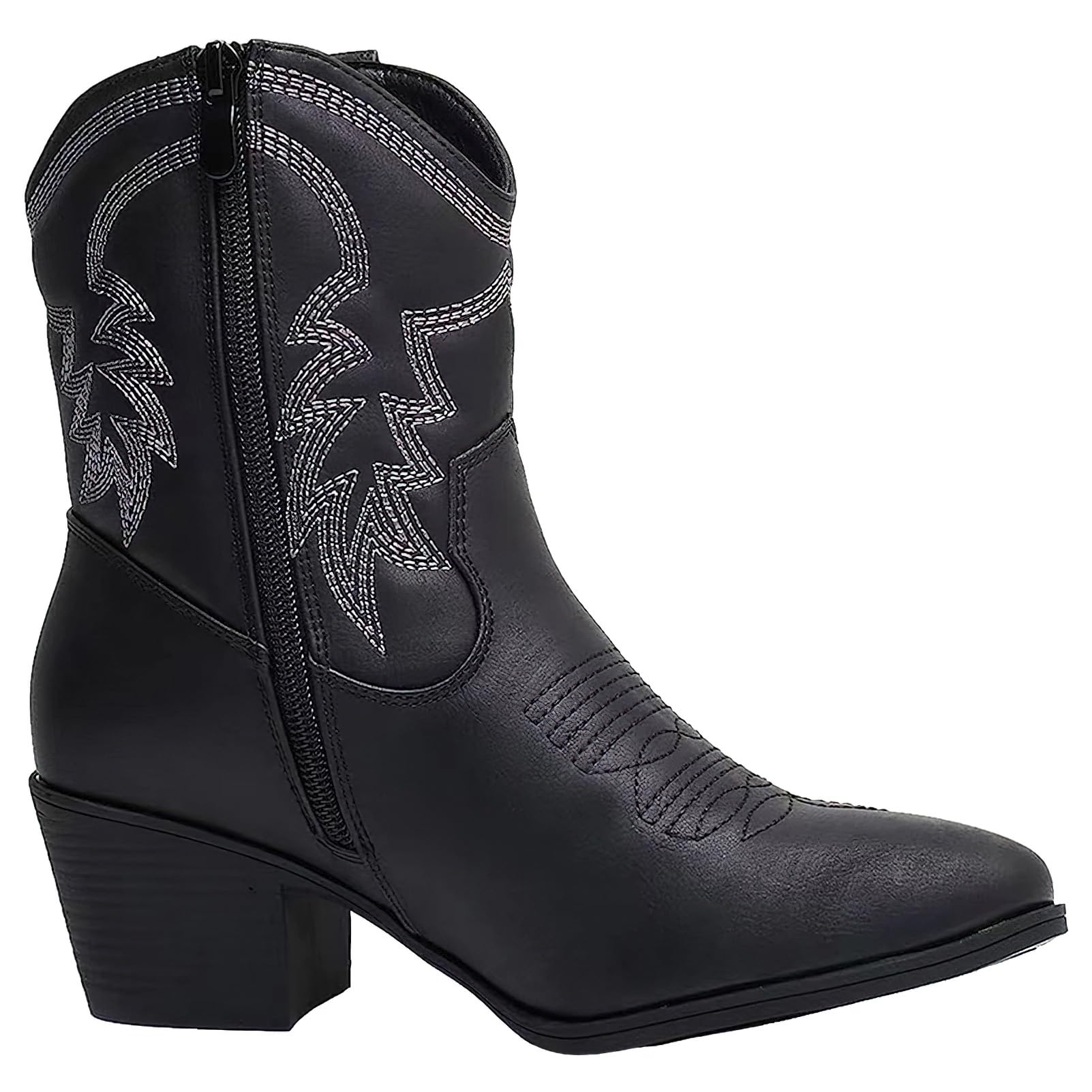 ANUFER Femmes Mi-mollet Bottes de Cow-boy Brodé Talon Bloc Fermeture éclair Latérale Chaussures Western