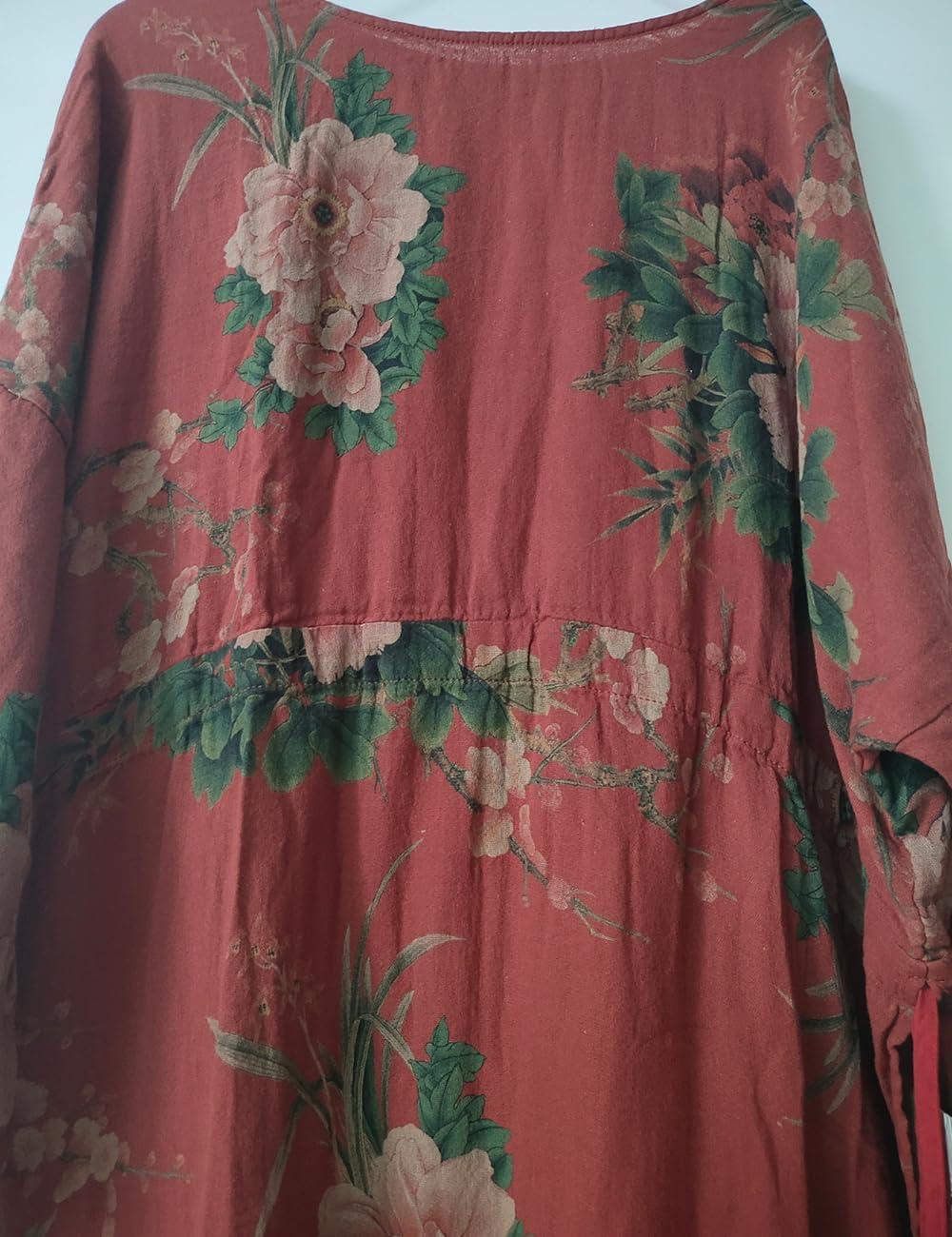 NFYM Women Vintage Floral Print Dress Cotton Long Sleeve Side High Split Drawstring Loose Robe Dress