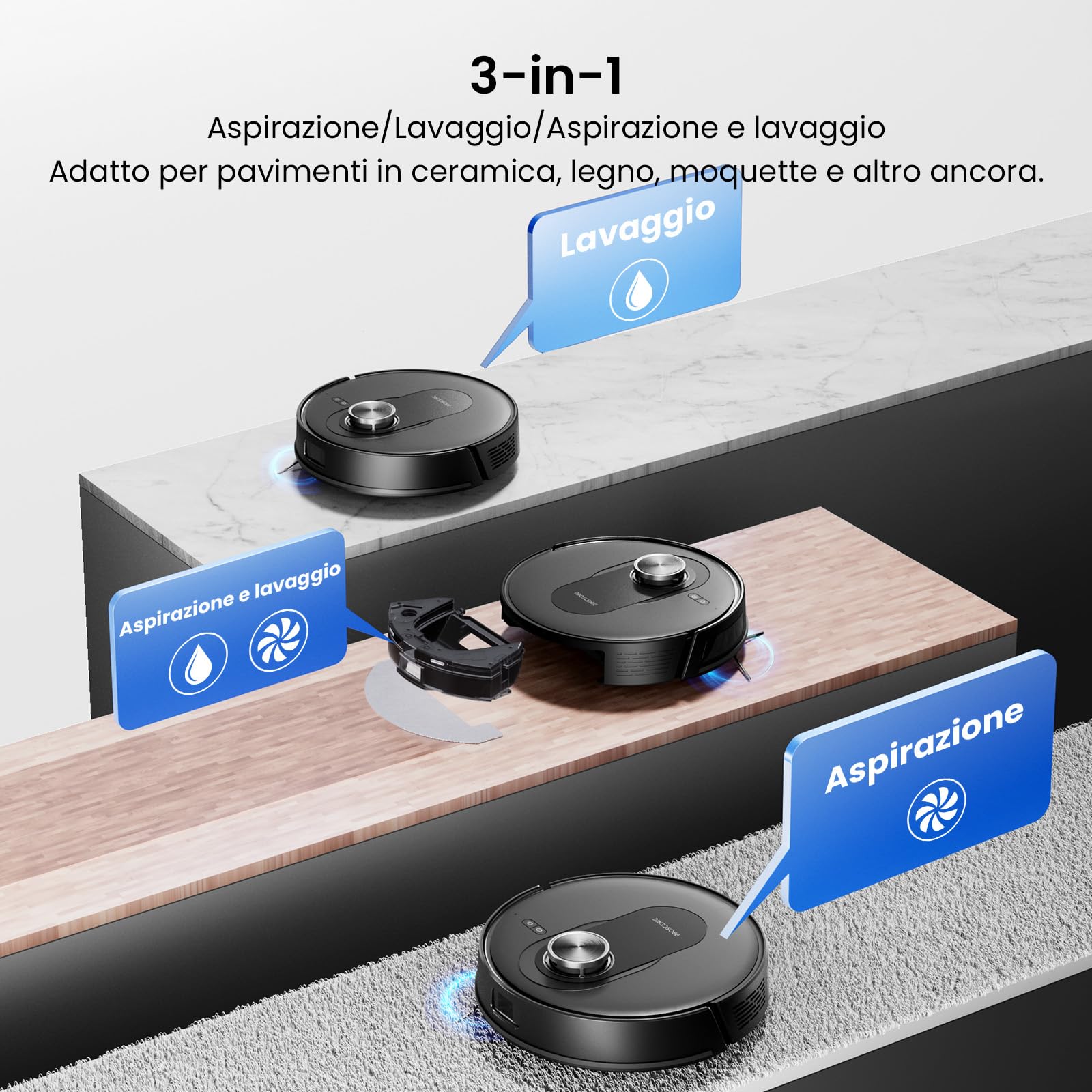 Proscenic Q8 Max+ Robot Aspirapolvere Lavapavimenti con Mappatura 8000Pa, 200 min, Evitamento Automatico Degli Ostacoli, Robot aspirapolvere con WiFi/Alexa/App, per Tappeti/Pavimenti/Peli