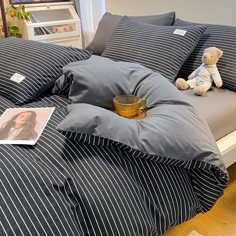 YHXBD Juego De Funda Nórdica De 3/4 Piezas, Juego De Cama A Rayas De Algodón Lavado, Juego De Funda De Edredón De Rayas Suaves De Lujo con Cierre De Cremallera,A-06,180x220cm