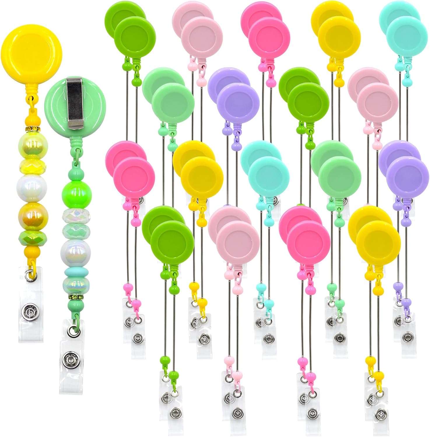 60pcs Candy Beadable Badge Reels Making Kits - Beaded Blank Bars Bulk - Retractable Badge Reel with Belt Clip for ID Name DIY Gift Beadable Items for Nurses, Teachers, Students, Office, Workers