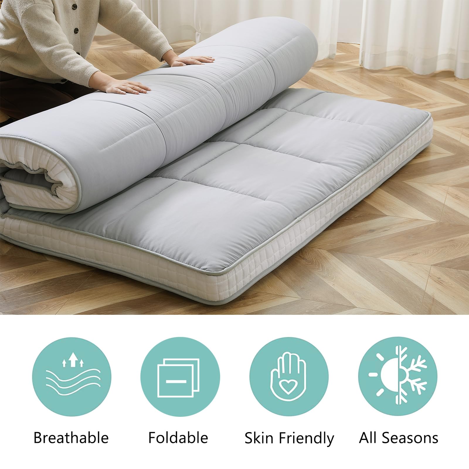 Ytaoeo Futon Matratze 140x200x10cm klappmatratze (Grau, Full-Matratze) | 10cm Dicke, Japanische Bodenmatratze, faltbare matratze, Atmungsaktive Bodenliege, Gästebett für Camping Couch